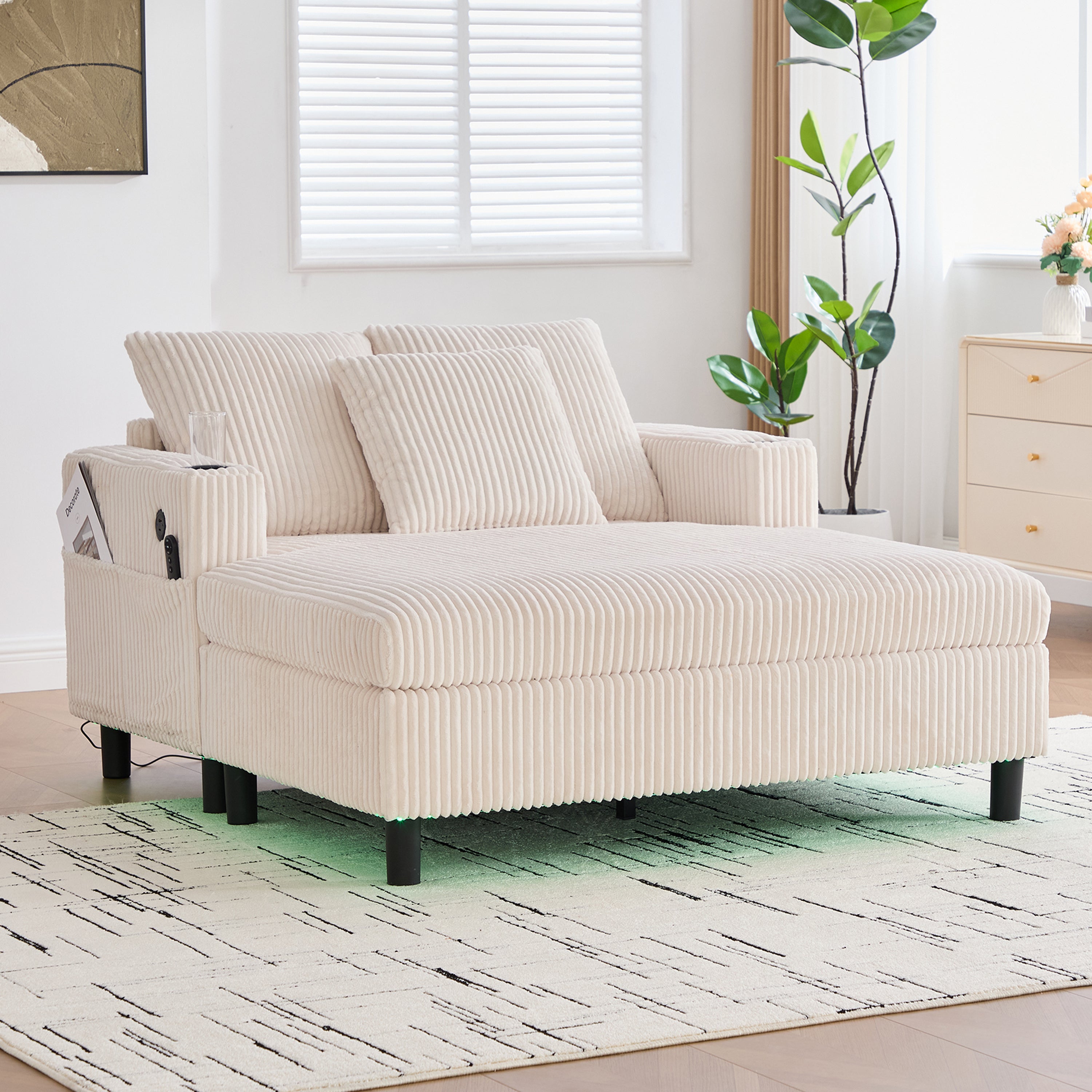Logidon Chaise Longue Ligstoel Beige Fluweel Met USB LED-verlichting