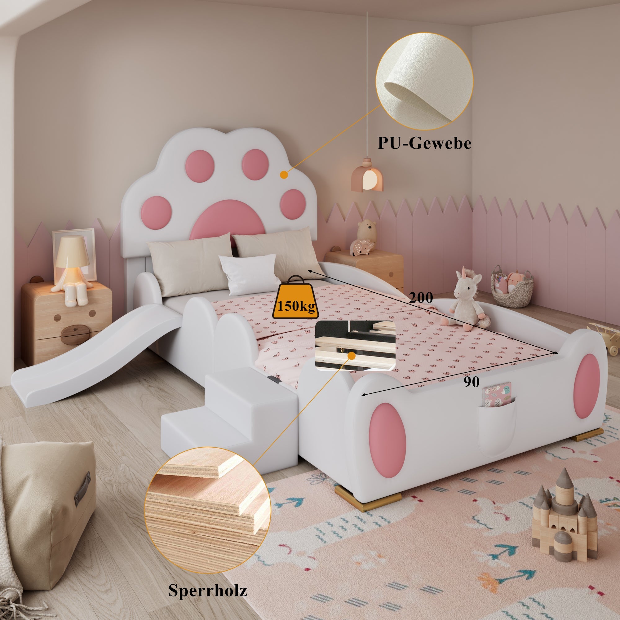 Logidon gestoffeerd bed 90x200 cm wit roze met kattenpoot hoofdeinde