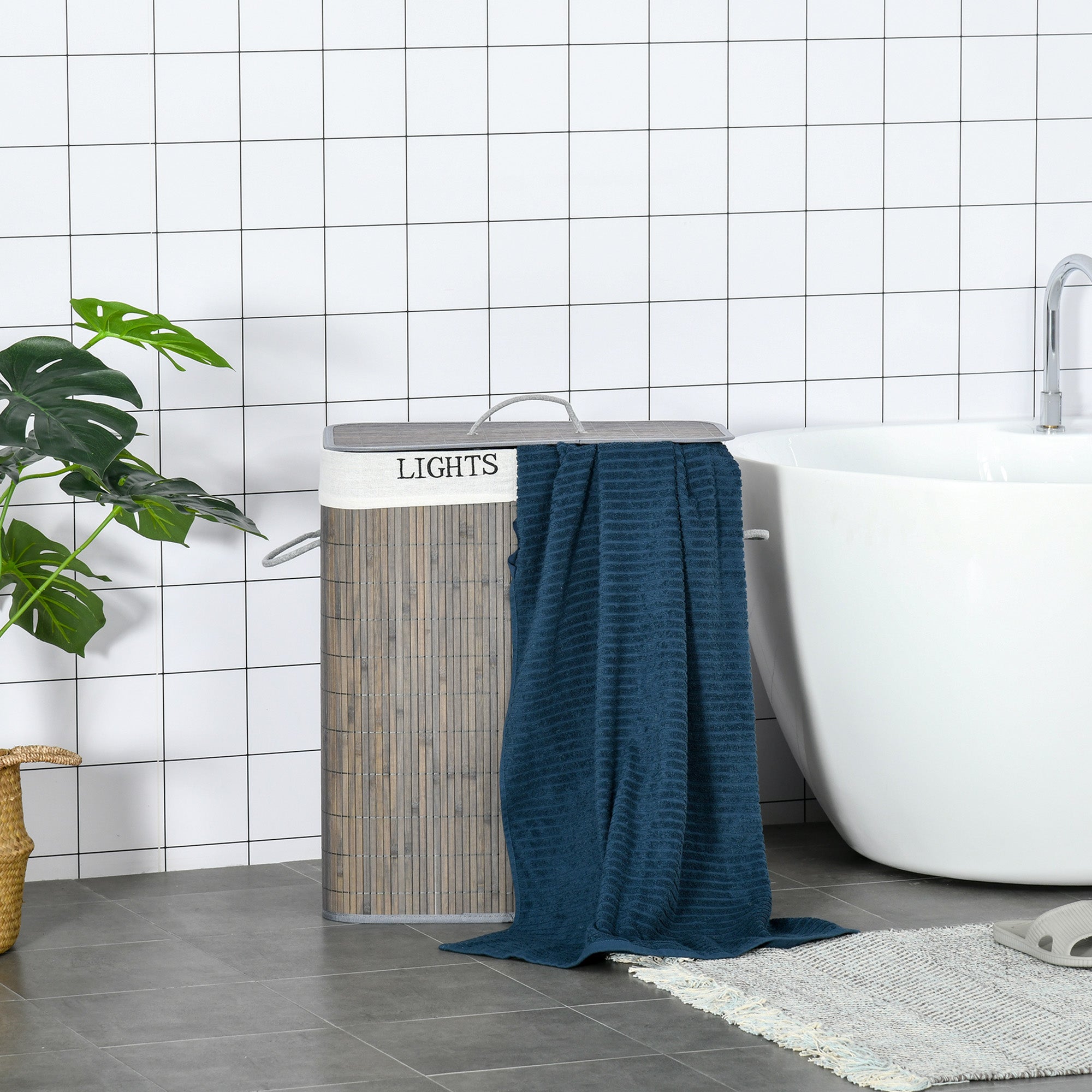 Logidon Wasmand 100L Met 2 Vakken Bamboe Grijs Opvouwbare Deksel
