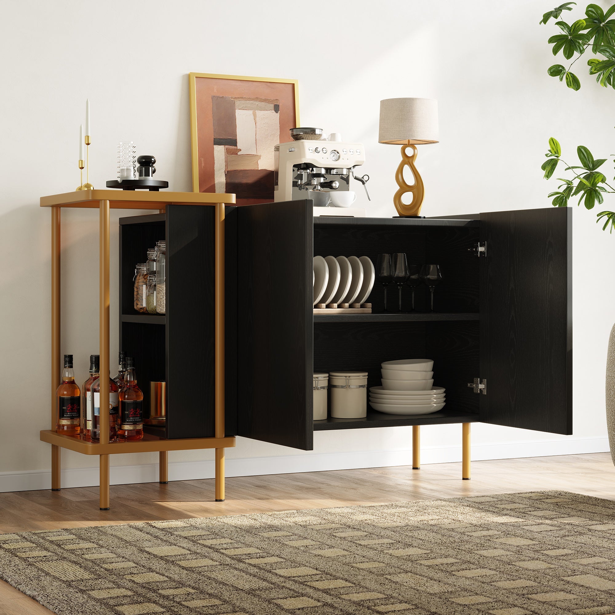 Logidon Dressoir Zwart Glazen Blad En Metalen Poten 120x40x77.5