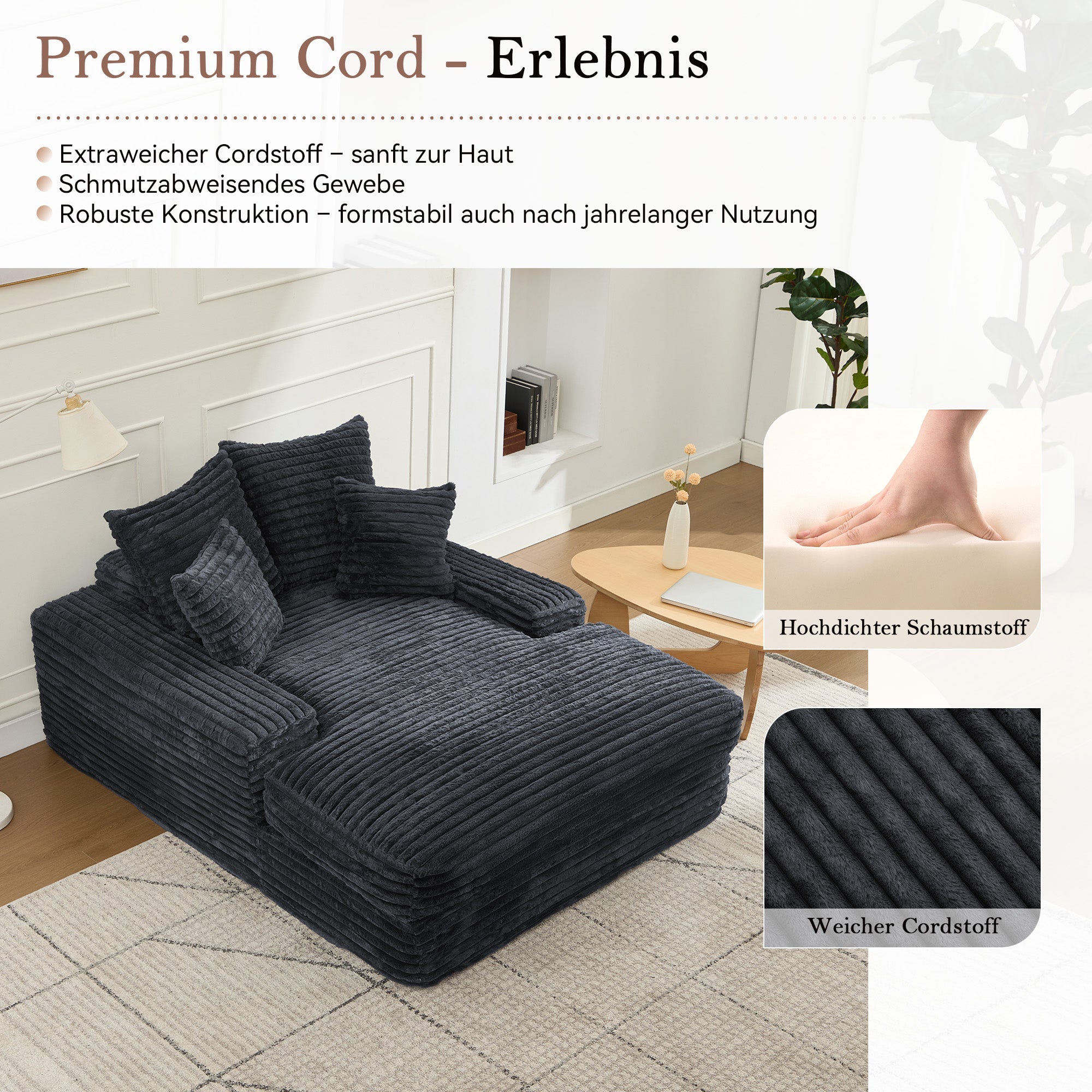 Logidon Luxe Cord Sofa Multifunctionele Slaapbank 4 Kussens Grijs
