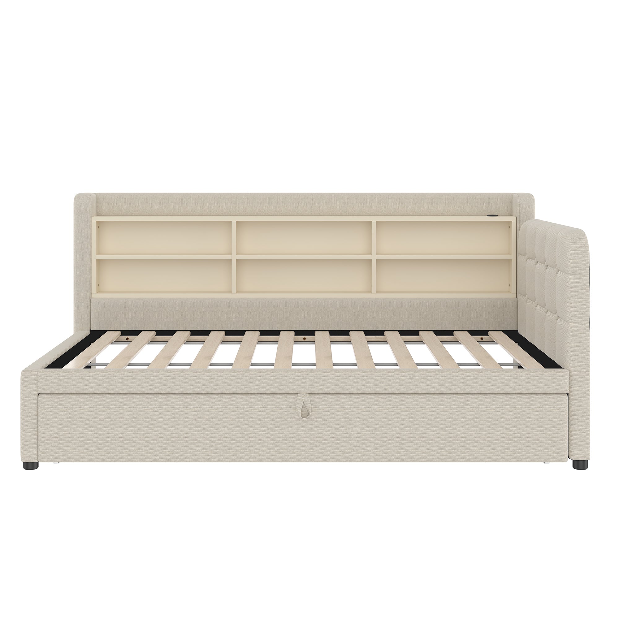 Logidon Daybed 90x200 beige linnen uitschuifbare slaapbank USB Type C