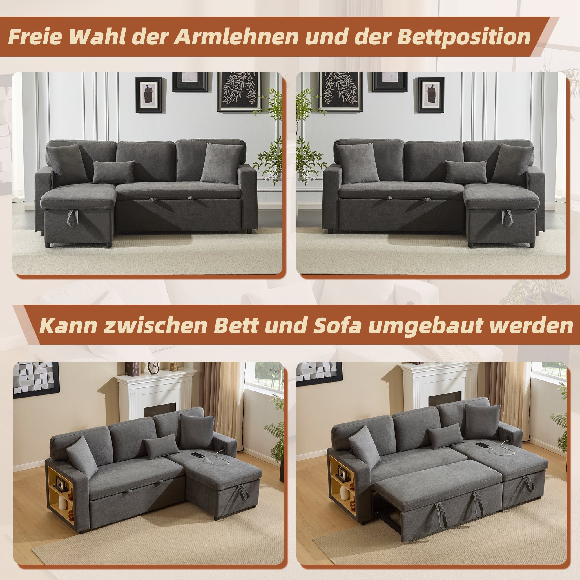 Logidon Corner Sofa Gray Extendable Bed With Bed Box Shelf 214x131