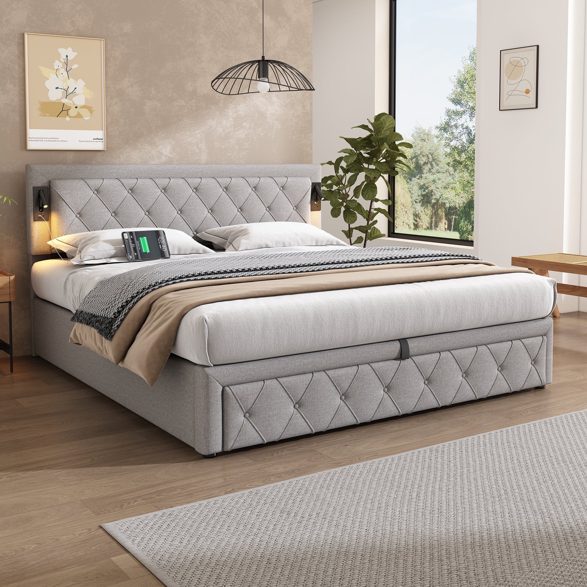Logidon gestoffeerd bed 180x200 grijs linnen met inbouwspot en USB