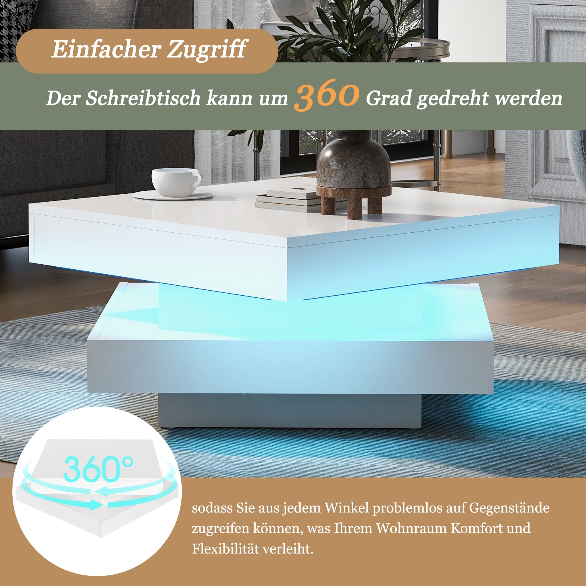 Logidon witte hoogglans salontafel 70x70x36 cm met draaiplaat en 16-kleuren LED