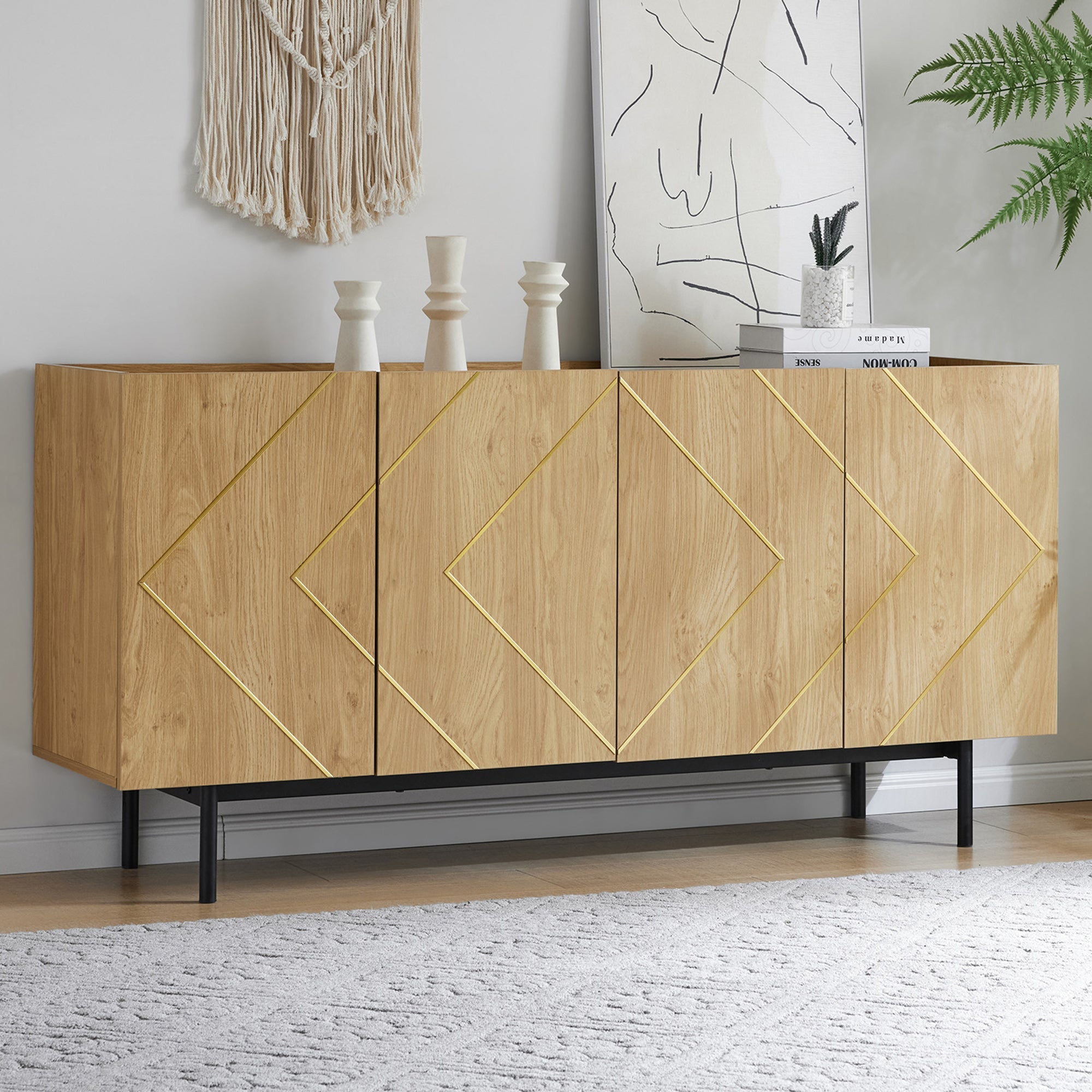 Logidon dressoir naturel hout met metalen inleg en 4 deuren 160 x 40 cm