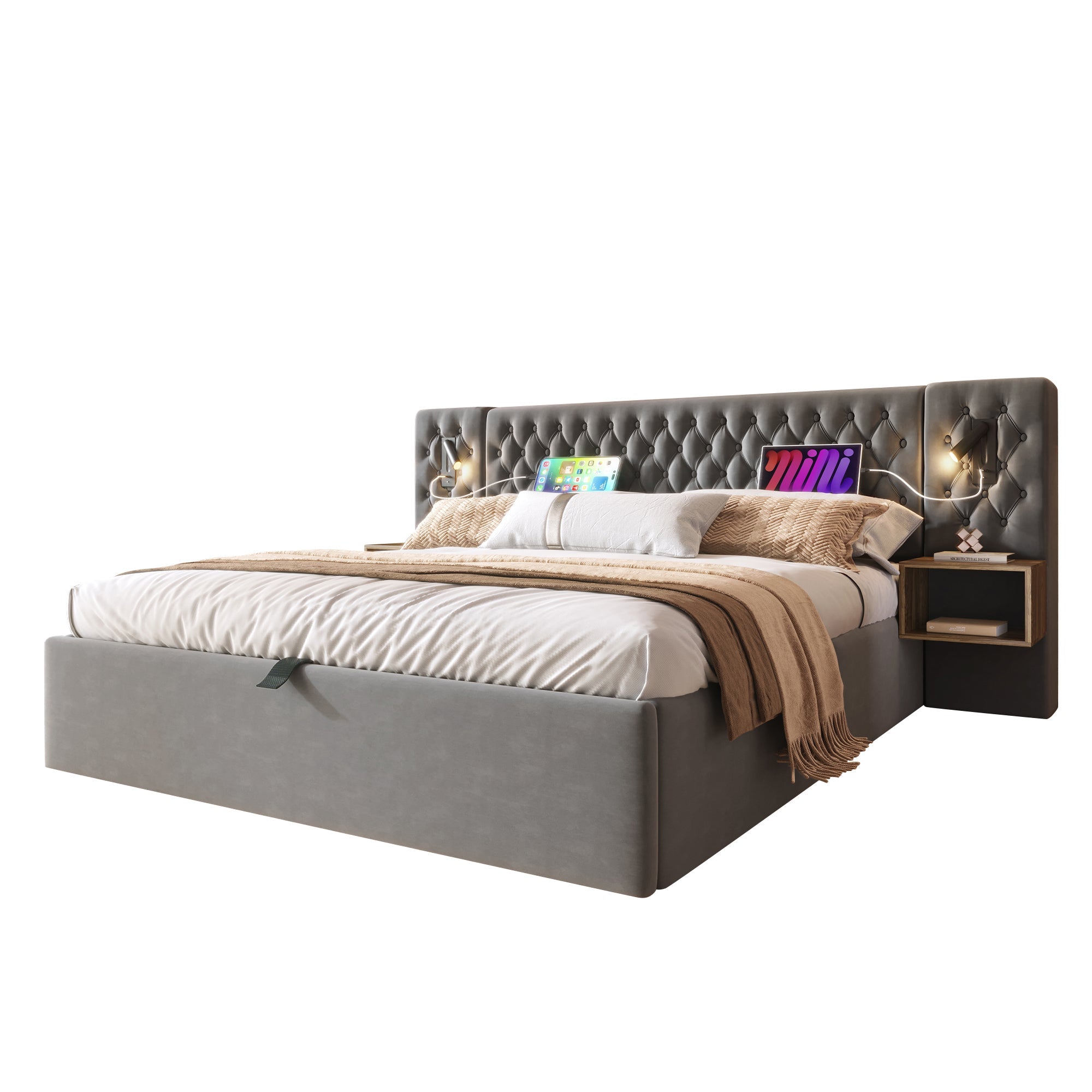 Logidon bed system 160x200 cm upholstered bed with storage space gray velvet