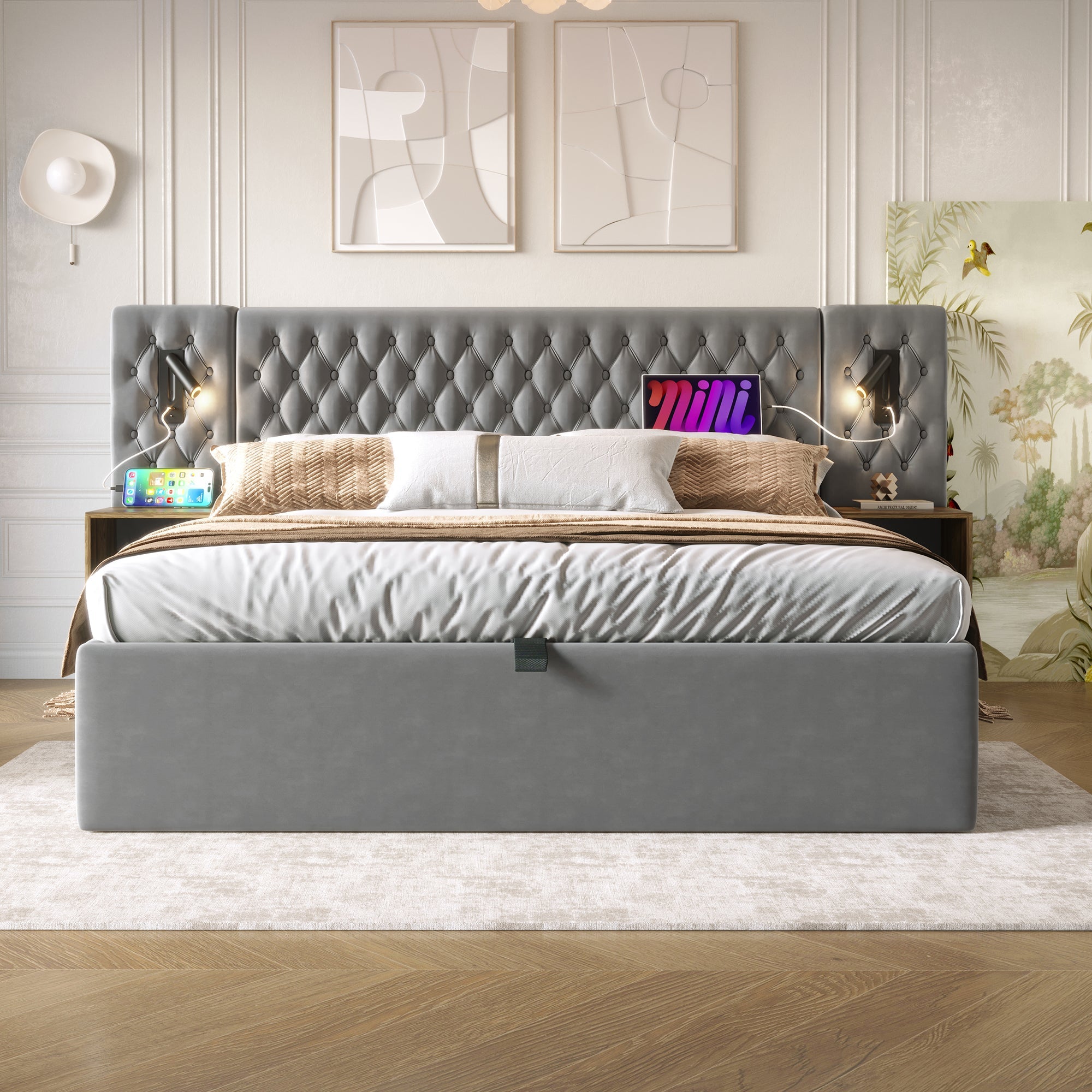 Logidon bed system hydraulic storage bed 160x200 cm gray velvet
