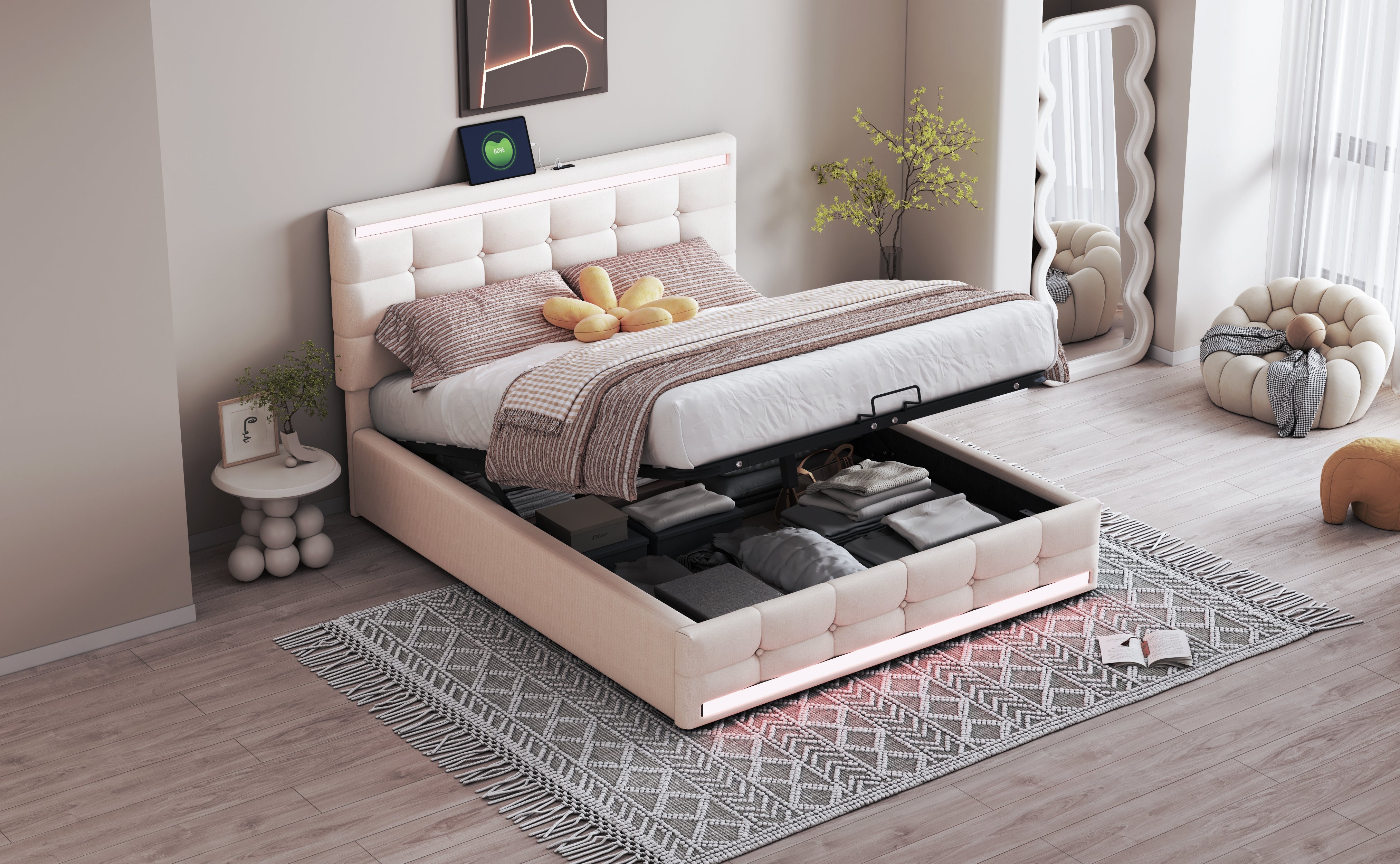Logidon gestoffeerd bed 140x200 beige met LED verlichting en opbergruimte