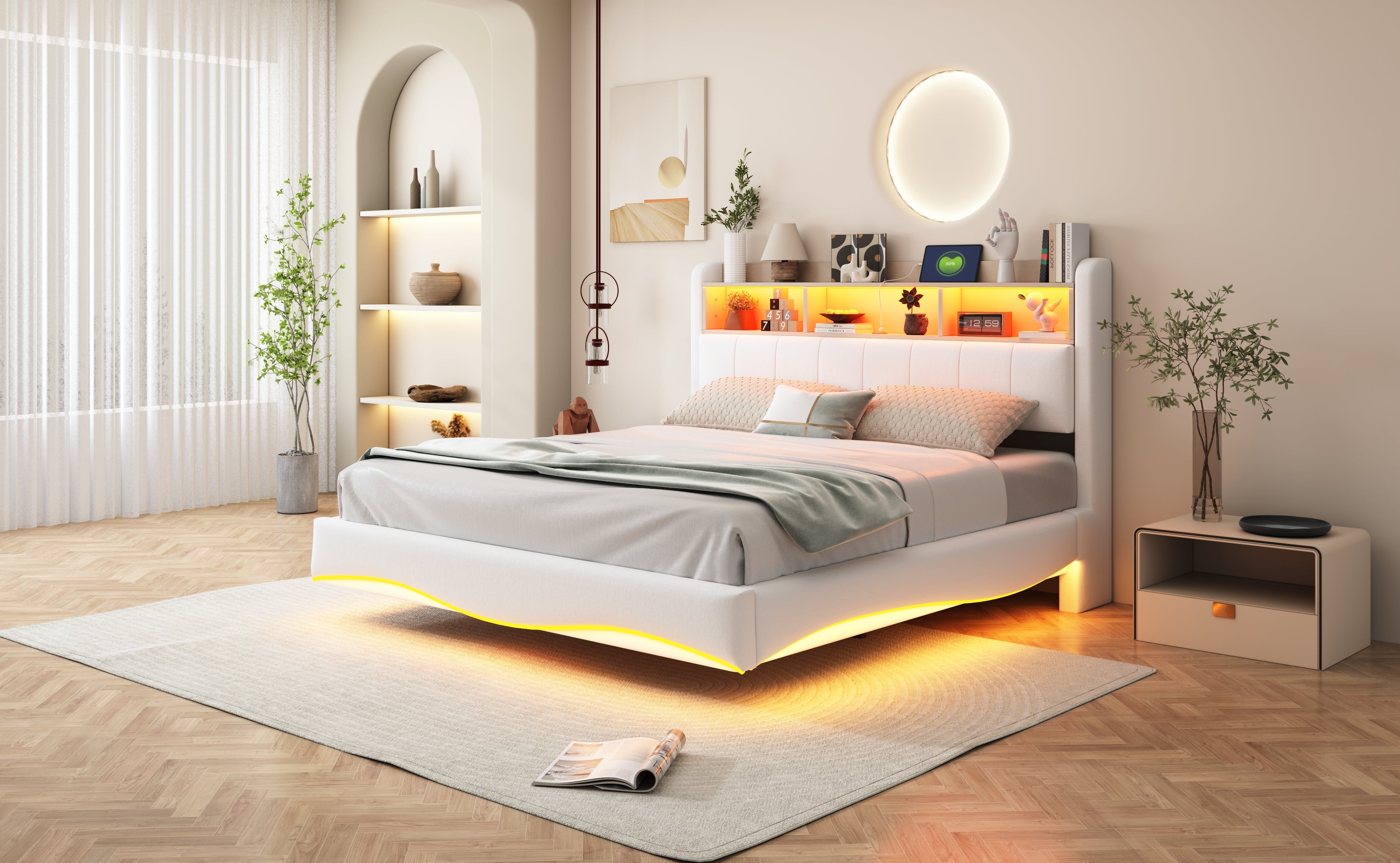Logidon hangend gestoffeerd bed 160x200 beige met LED-licht USB C