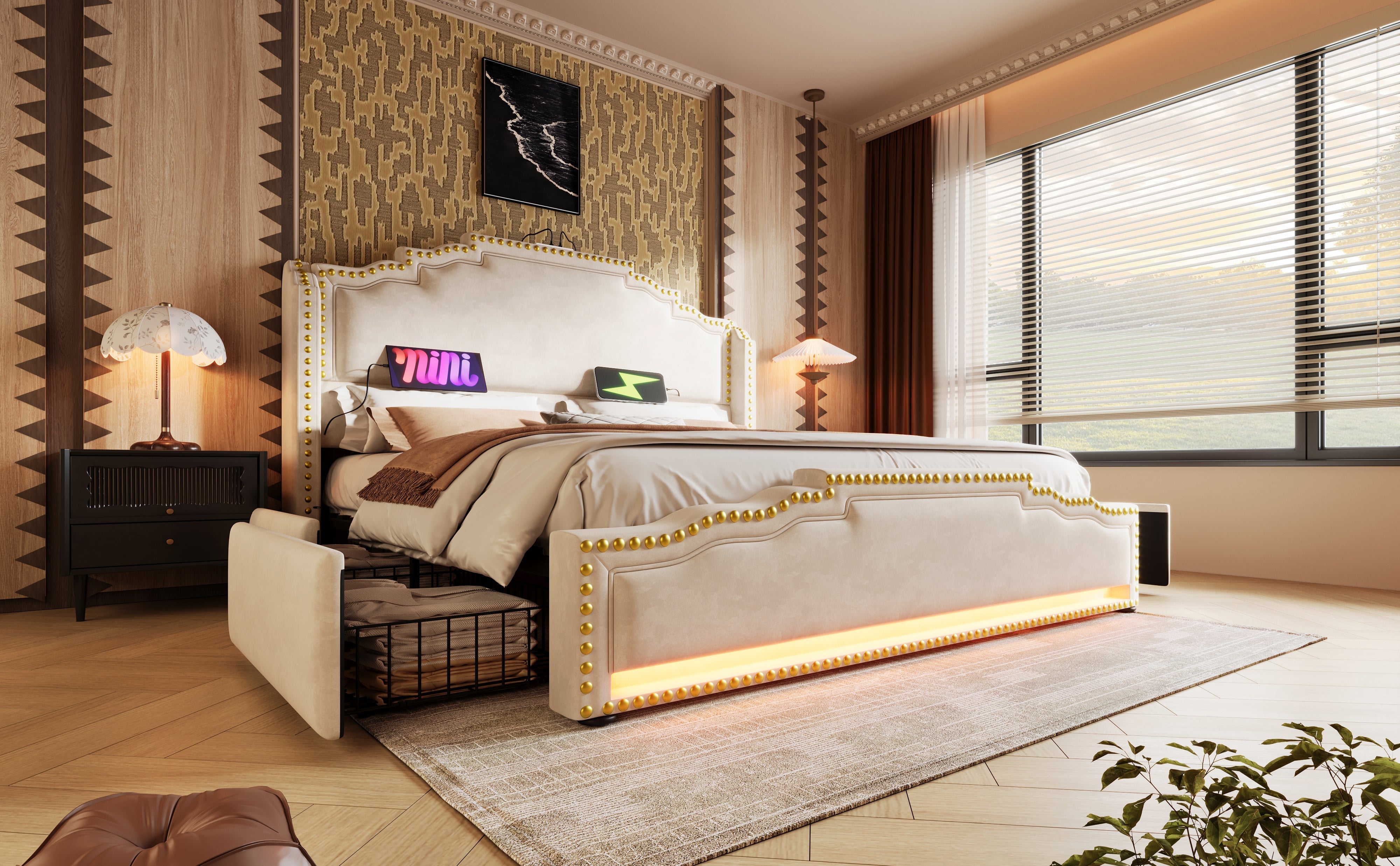 Logidon Upholstered Bed 160x200 Beige Velvet With Four Drawers LED USB C