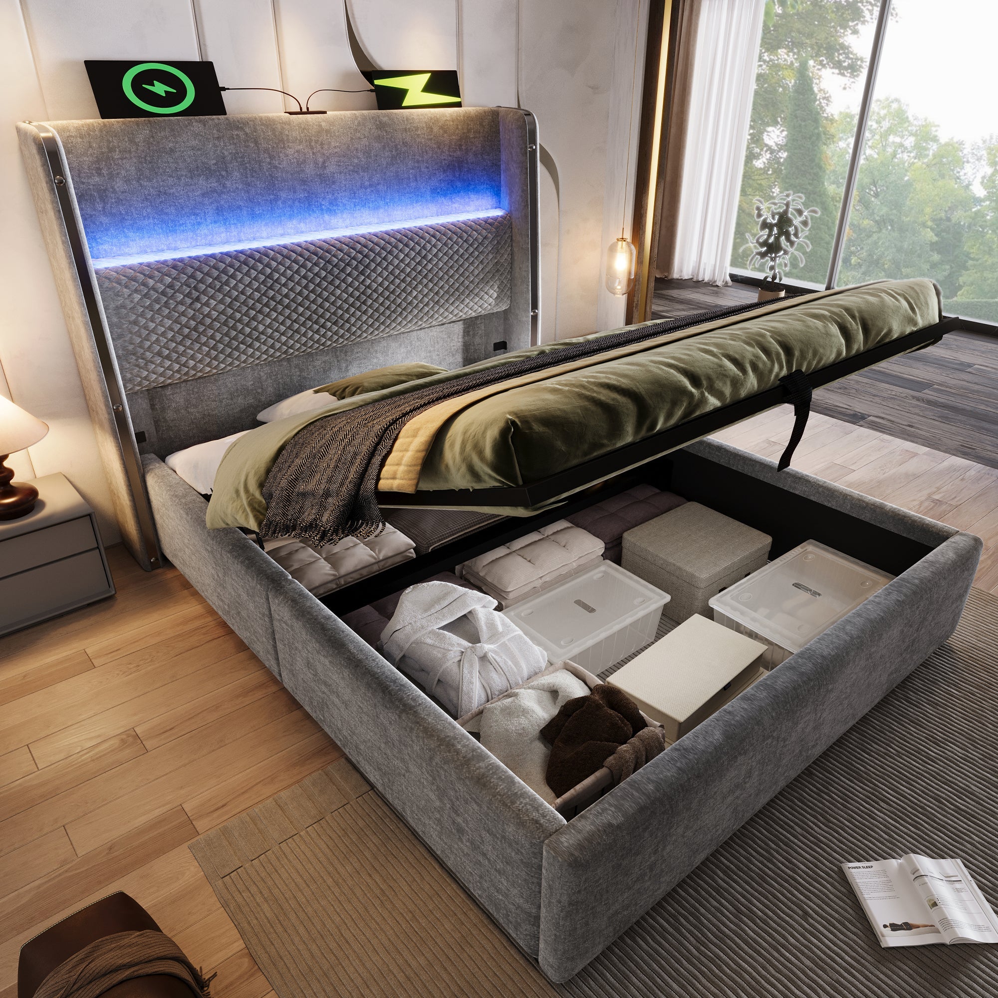Logidon hydraulisch bed 90x200 grijs linnenlook met opbergruimte LED
