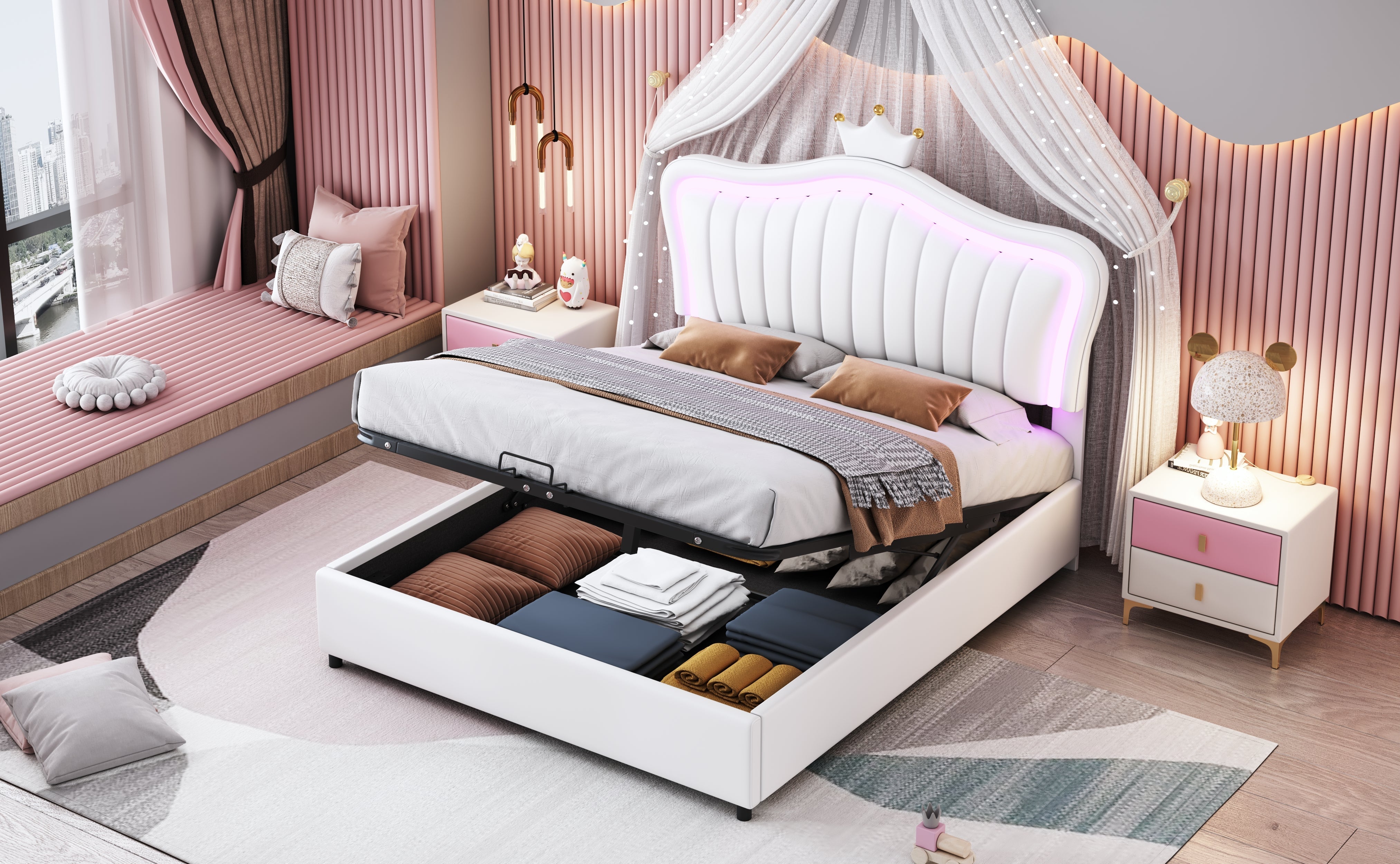 Logidon kinderbed 140 x 200 cm gestoffeerd bed met opbergruimte LED wit
