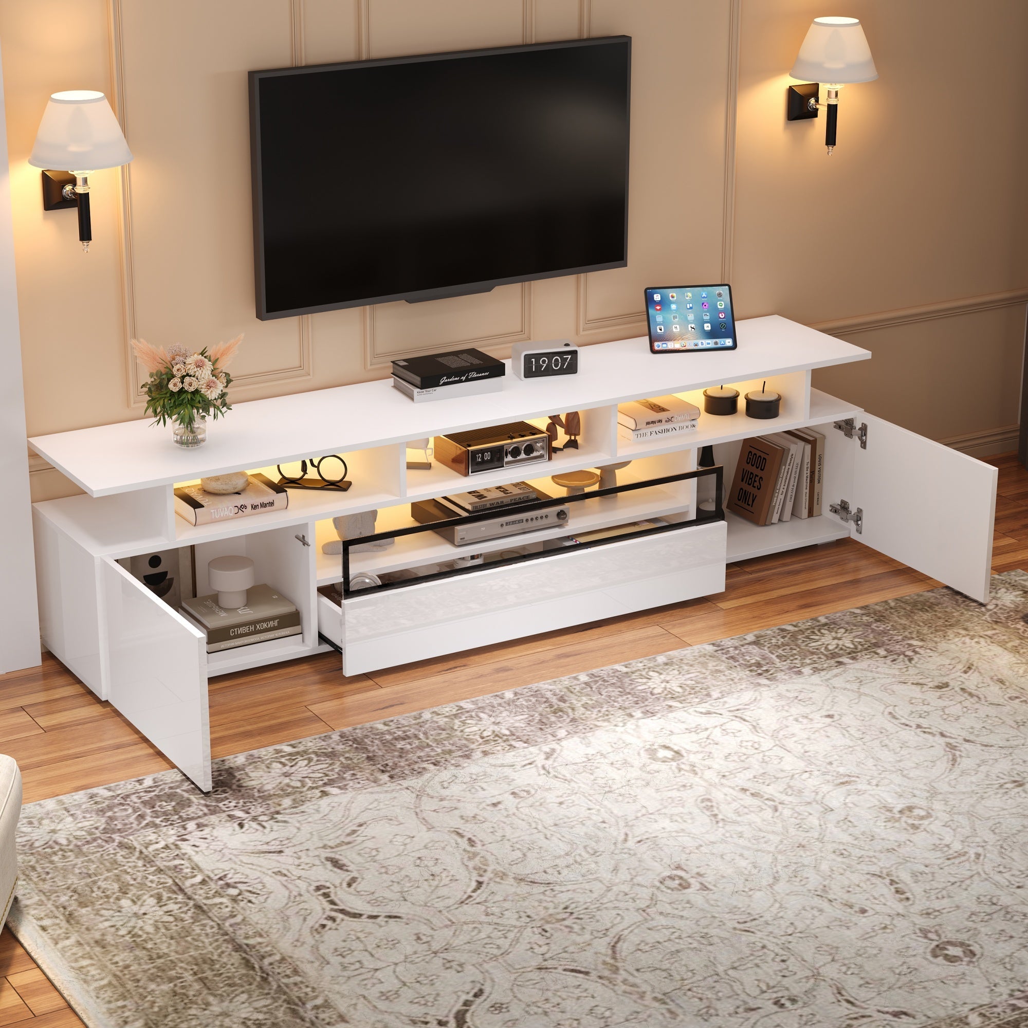 Logidon TV-meubel wit 180x38x45 cm met LED-verlichting 2 deuren 1 lade