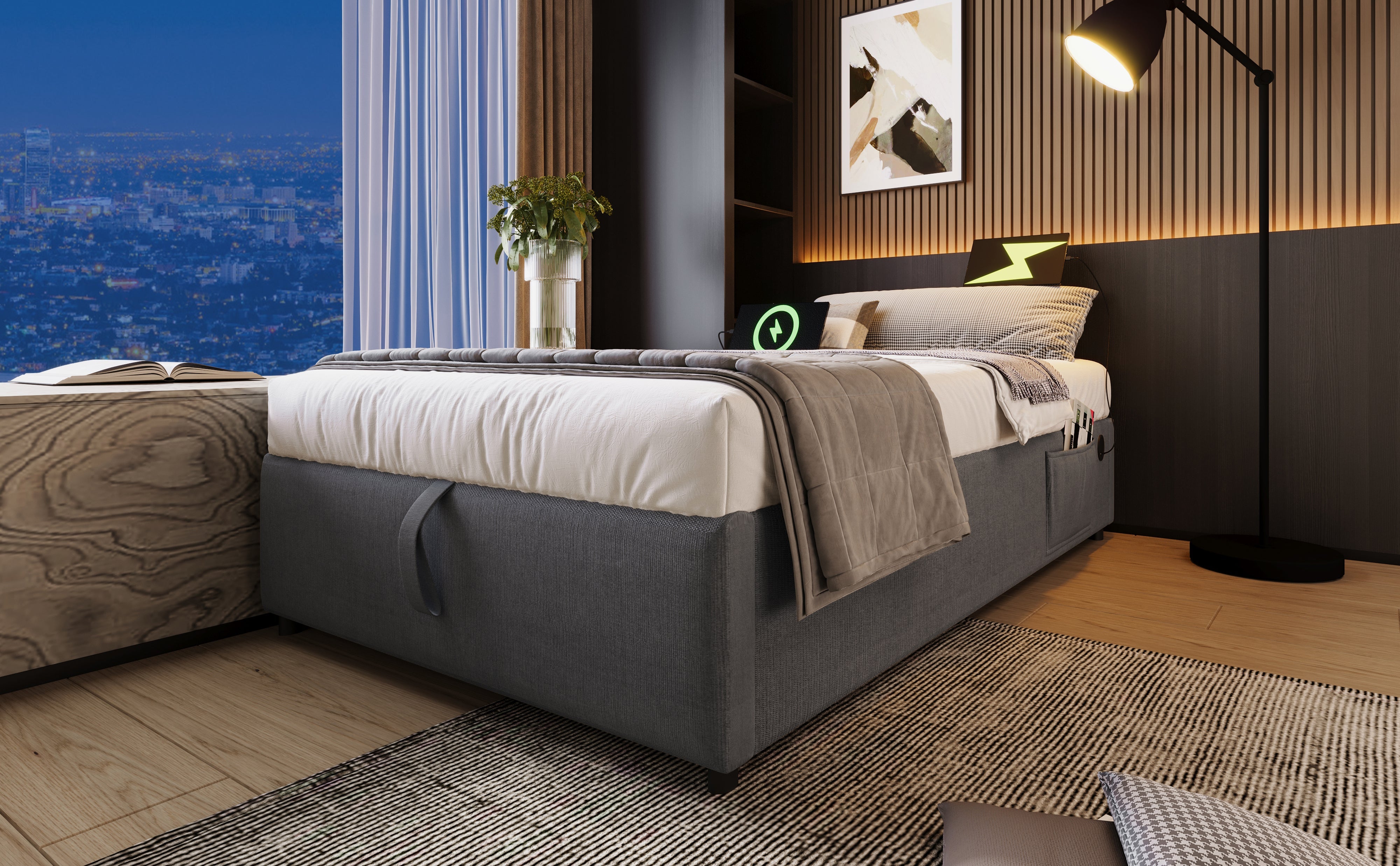 Logidon upholstered bed 90x190 gray with USB C charging function and full slatted frame