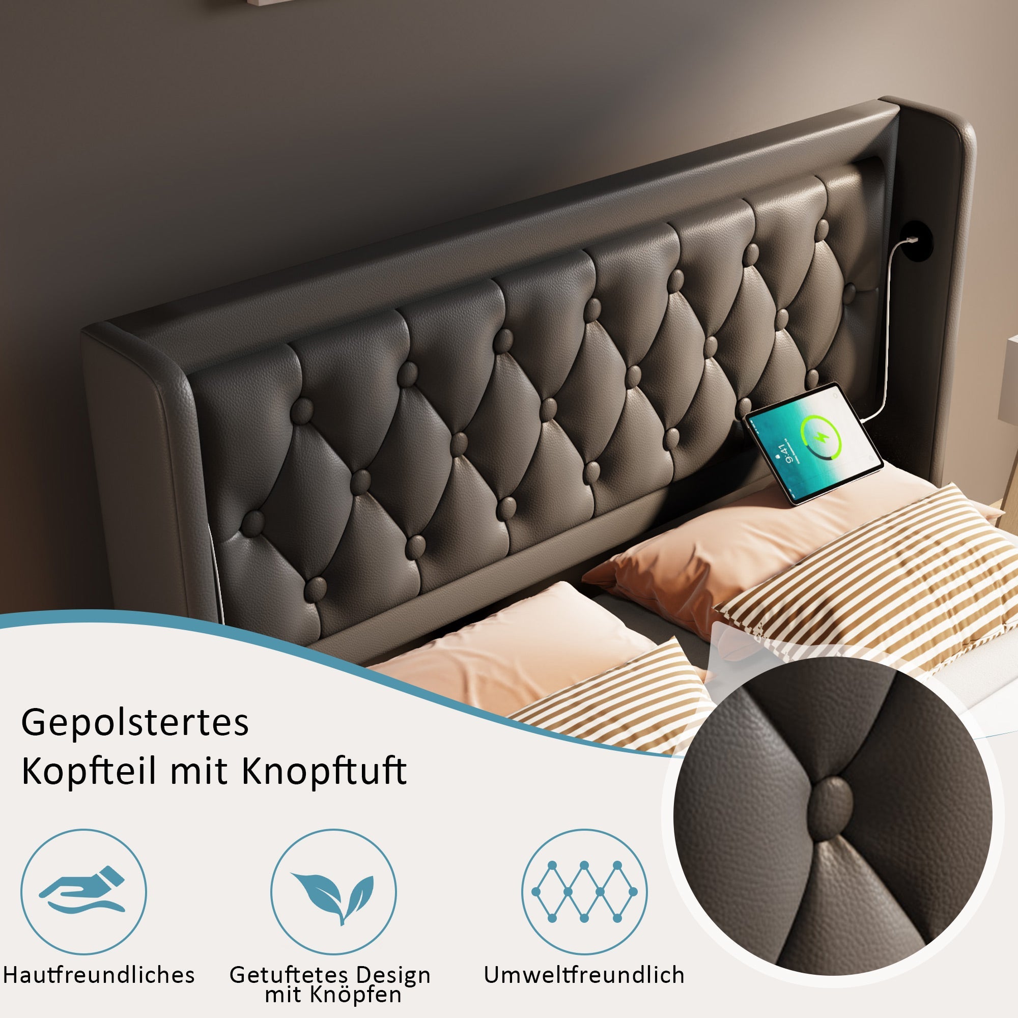 Logidon gestoffeerd bed 160x200 zwart PU met opbergruimte USB-C oplaadfunctie