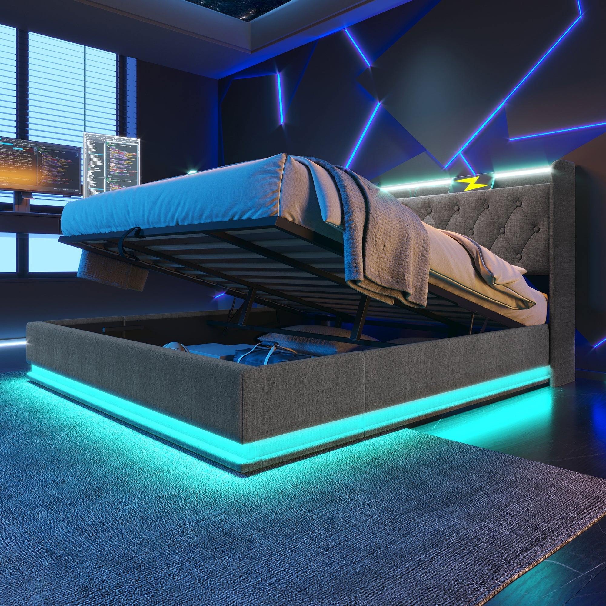 Logidon gestoffeerd bed tweepersoonsbed 180x200 cm grijs linnen LED-verlichting USB C
