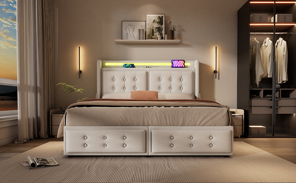 Logidon gestoffeerd bed 140x200 beige met LED hoofdbord USB C oplaadfunctie