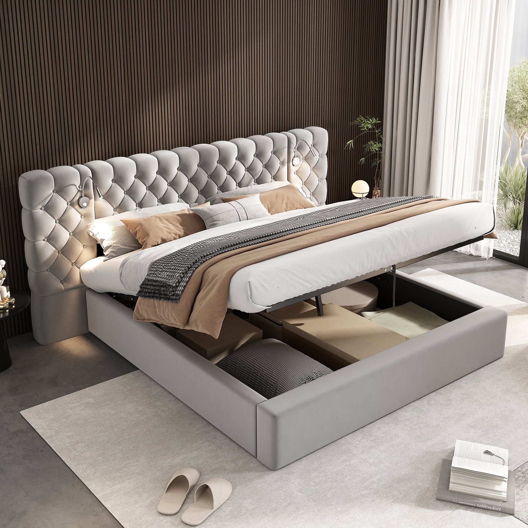 Logidon upholstered bed 180 x 200 cm with hydraulic storage space LED gray