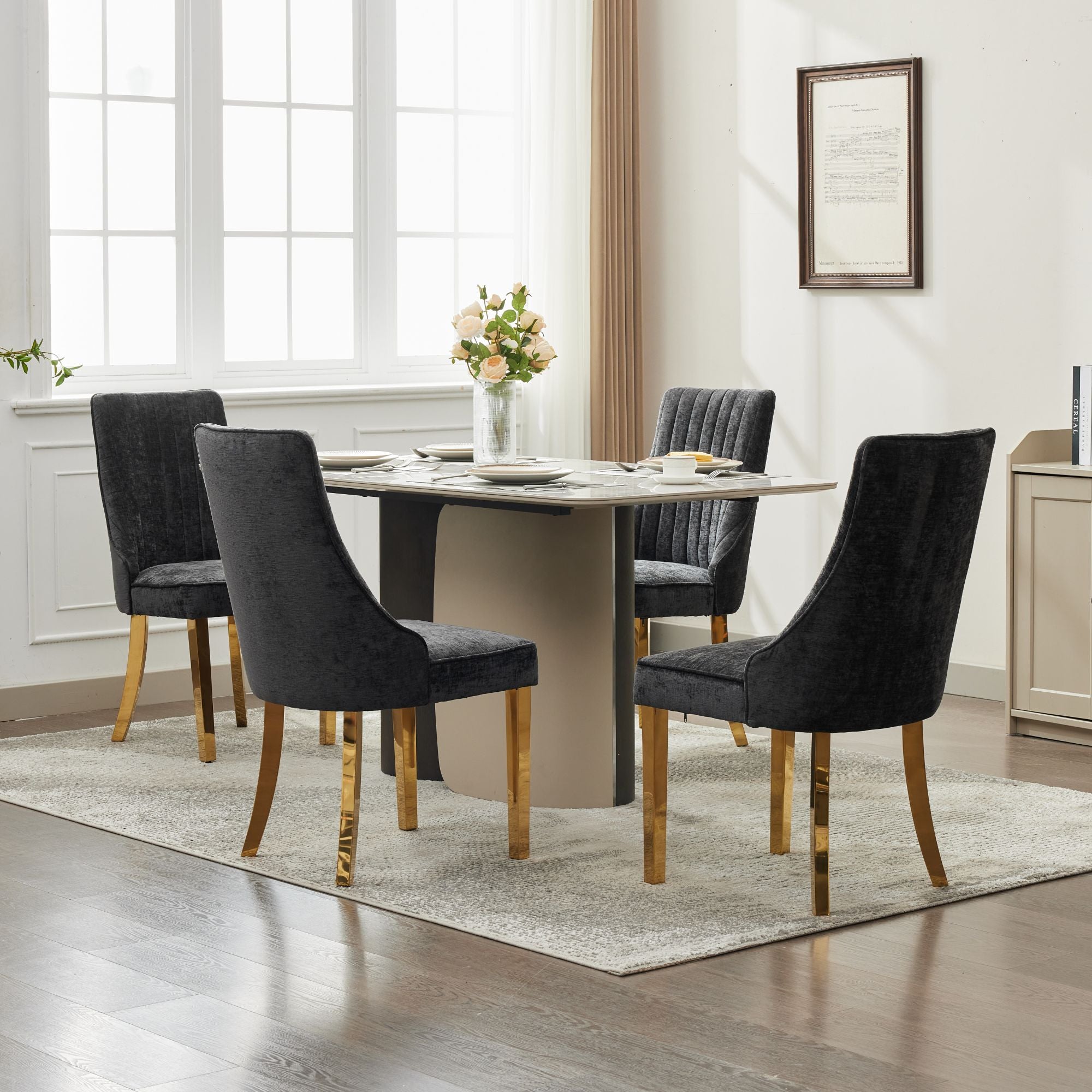 Logidon Chenille Eetstoelenset Zwart Gouden Poten Set van 2 65x50x95 cm