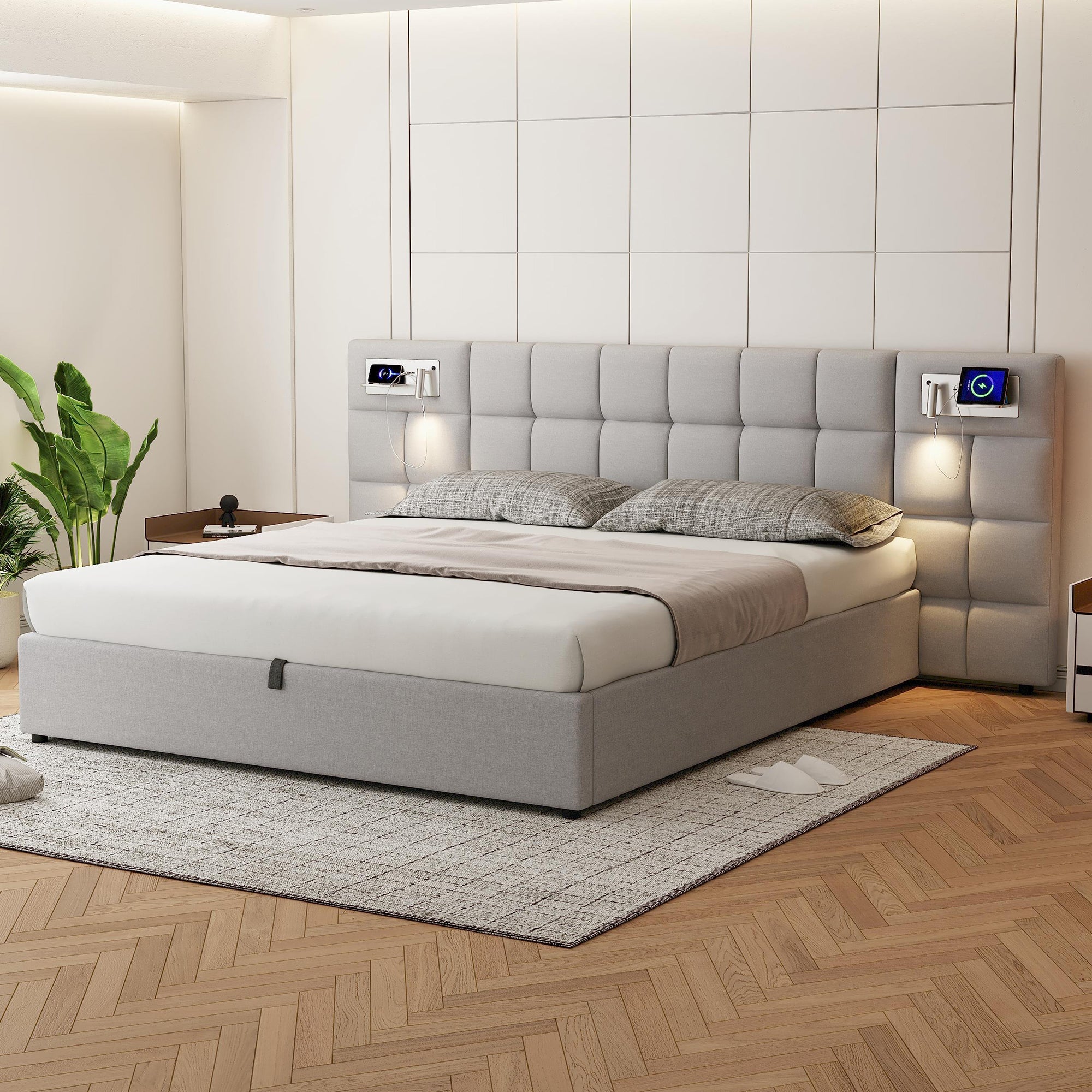 Logidon gestoffeerd bed 180x200 cm grijs hydraulisch bed USB-licht opbergruimte