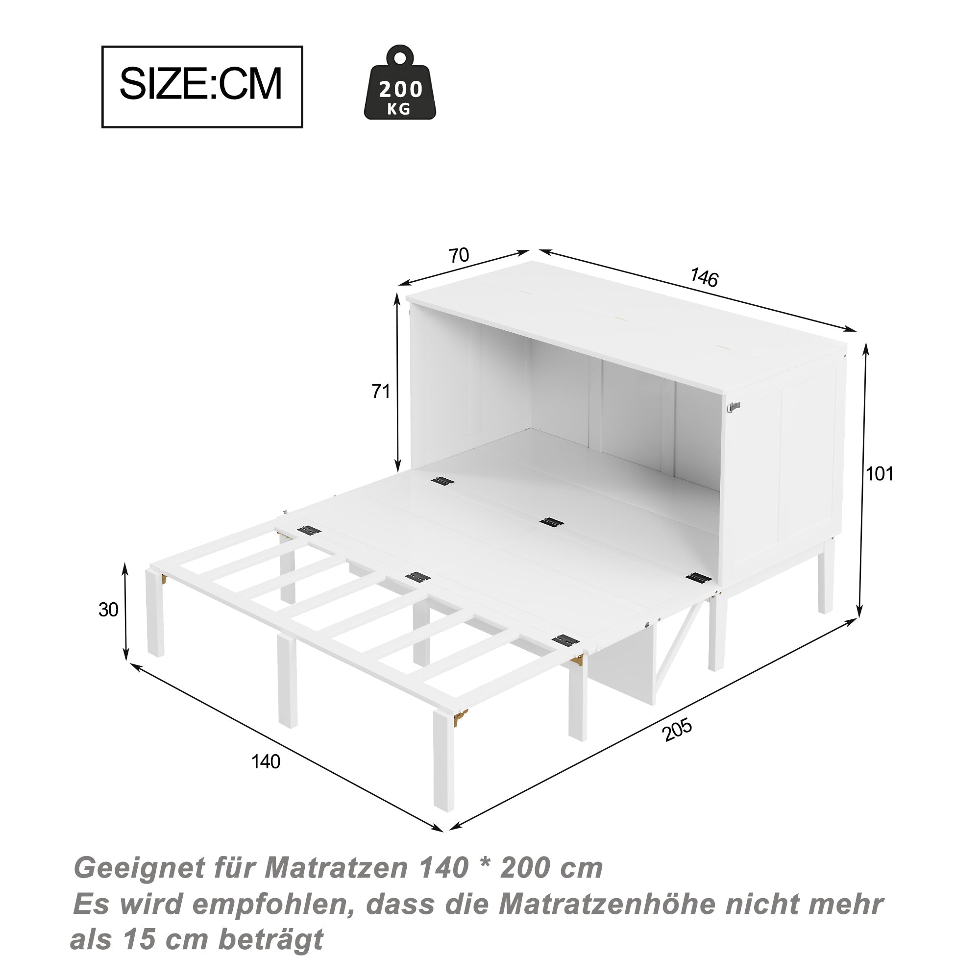 Logidon Murphy Bed 140x200 cm Verticaal Opklapbed met lattenbodem Wit
