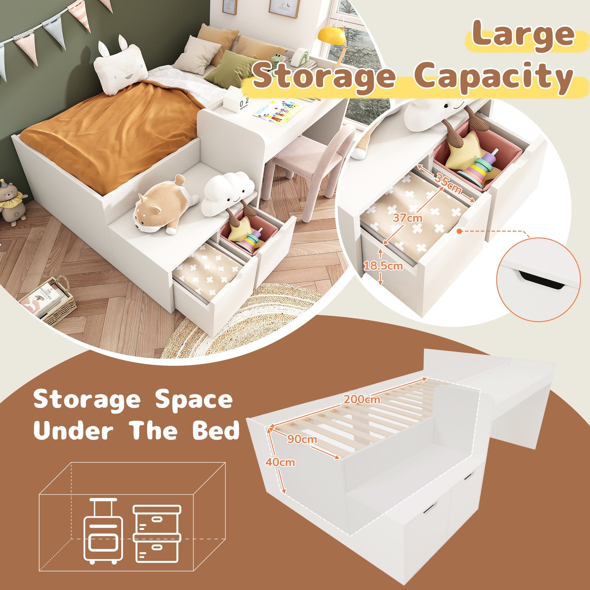 Logidon kinderbed 90x200 massief hout wit met bureau en opbergruimte