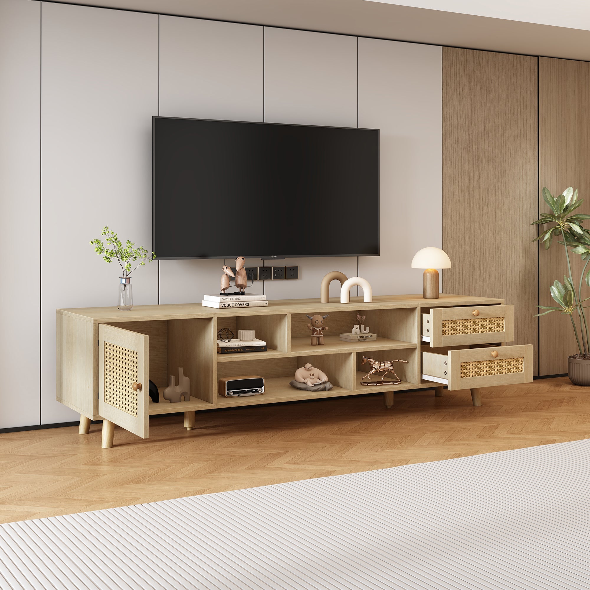 Logidon Premium 160 cm rotan TV-meubel eiken met kabelmanagement
