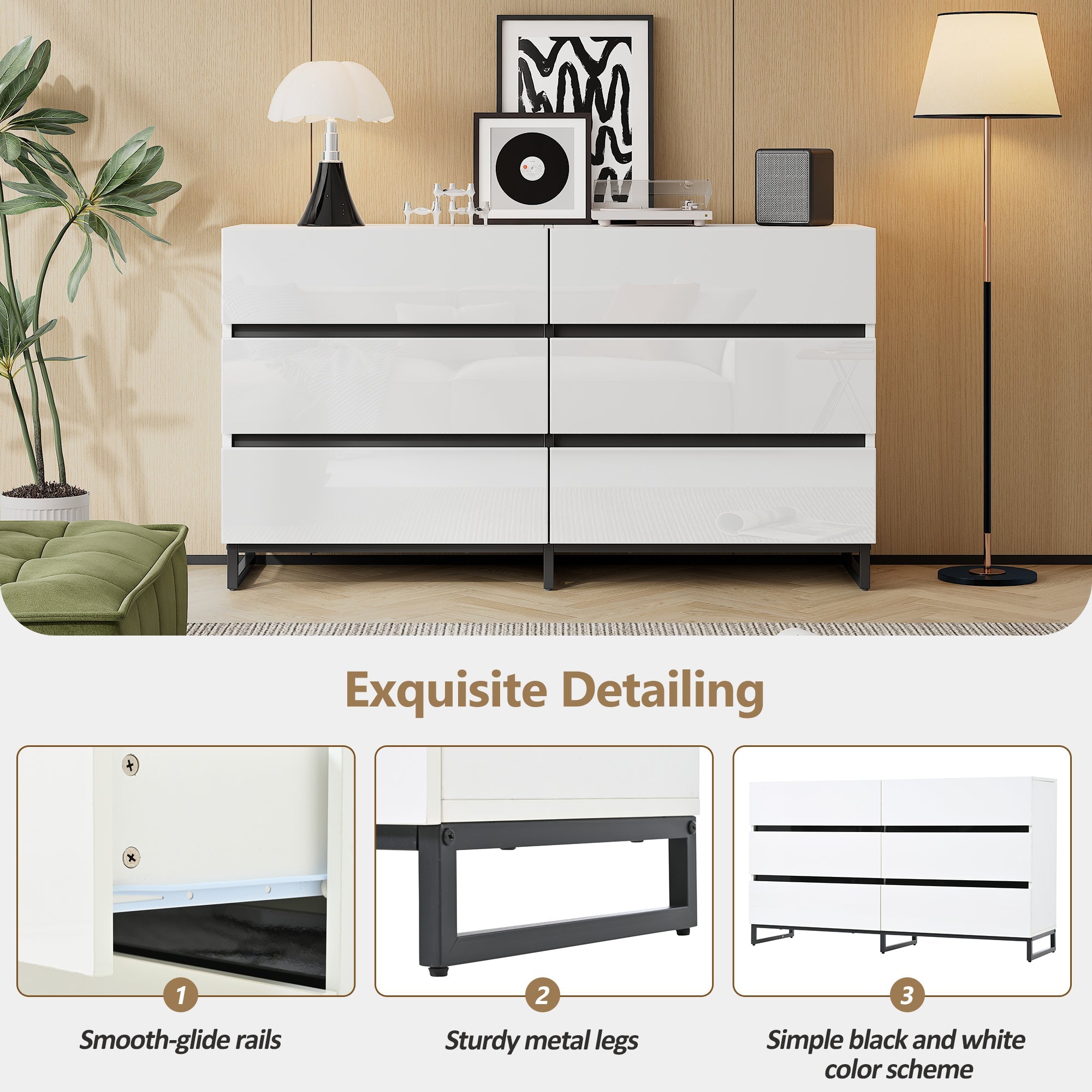 Logidon dressoir 140 cm hoogglans wit zwart met 6 lades