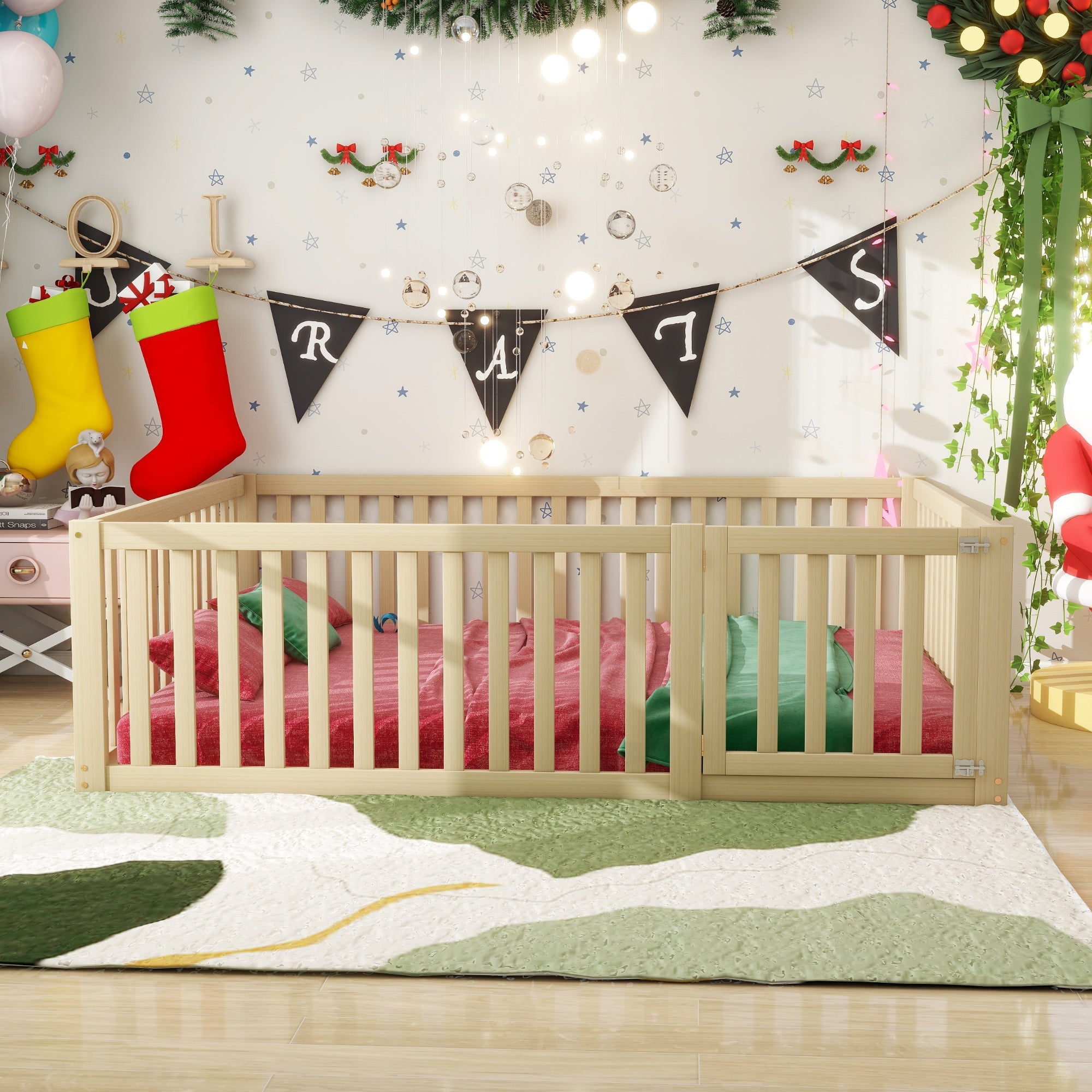 Logidon Kinderbed 140x200 Naturel Hout Met Hek En Deur