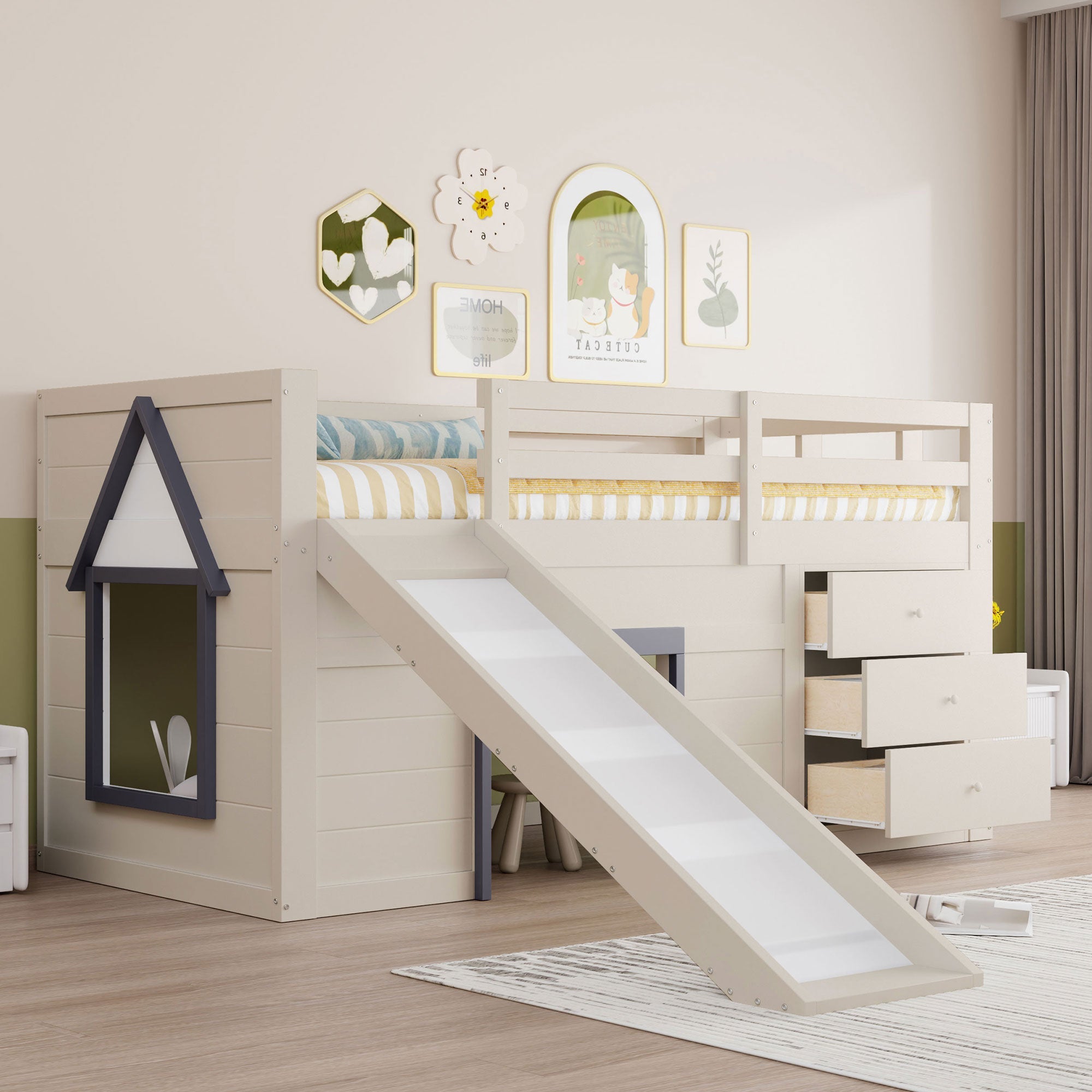 Logidon crème hoogslaper 90x200 met glijbaan, 3 lades, 2 deuren