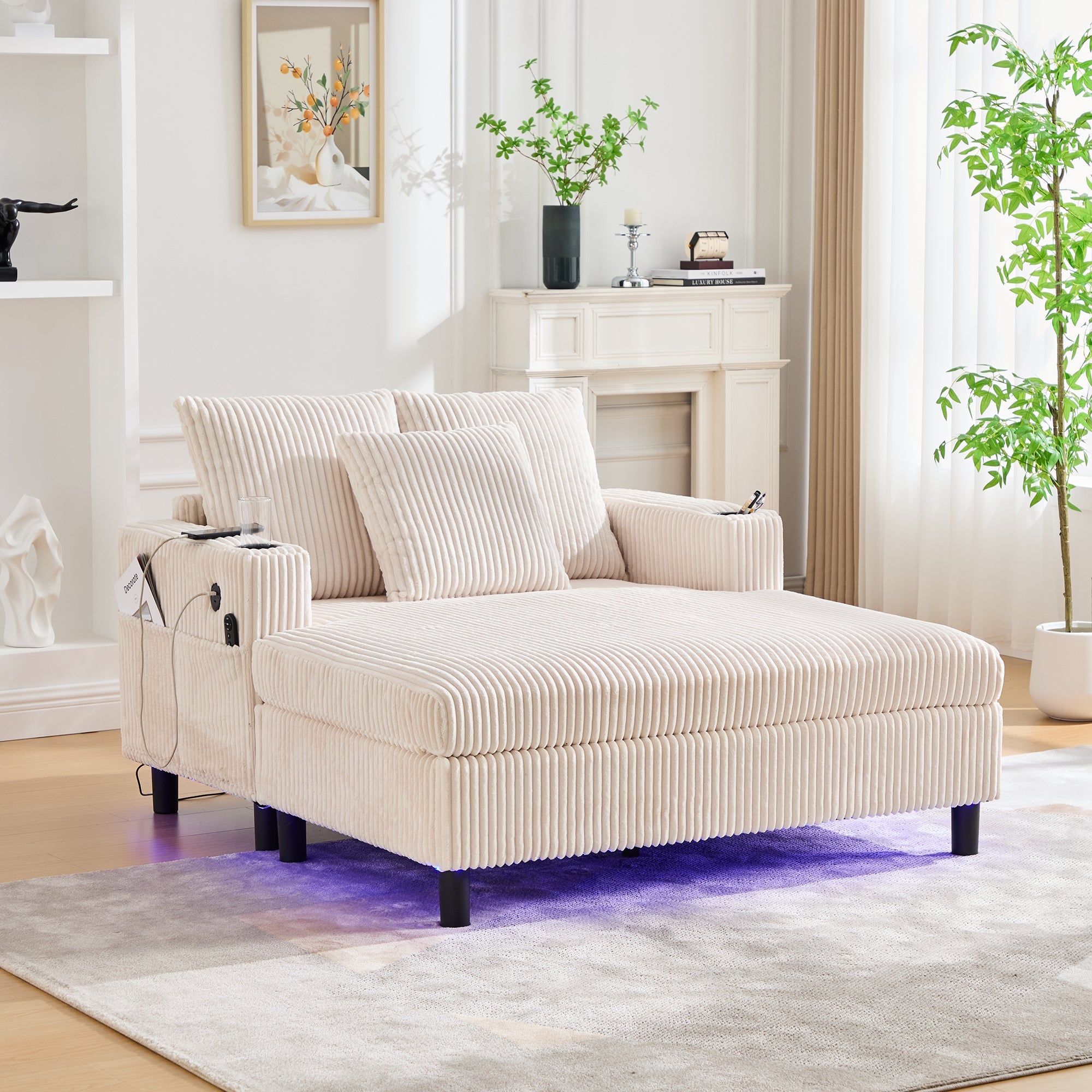 Logidon Chaise Longue Ligstoel Beige Fluweel Met USB LED-verlichting