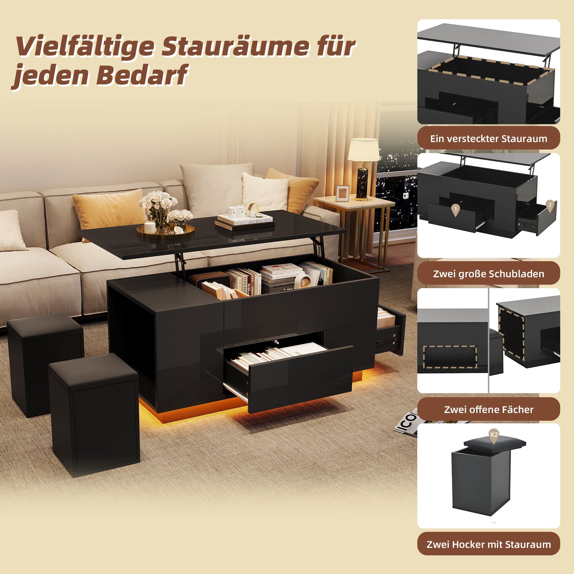 Logidon 4-in-1 in hoogte verstelbare salontafel zwart 100x50x45 cm LED