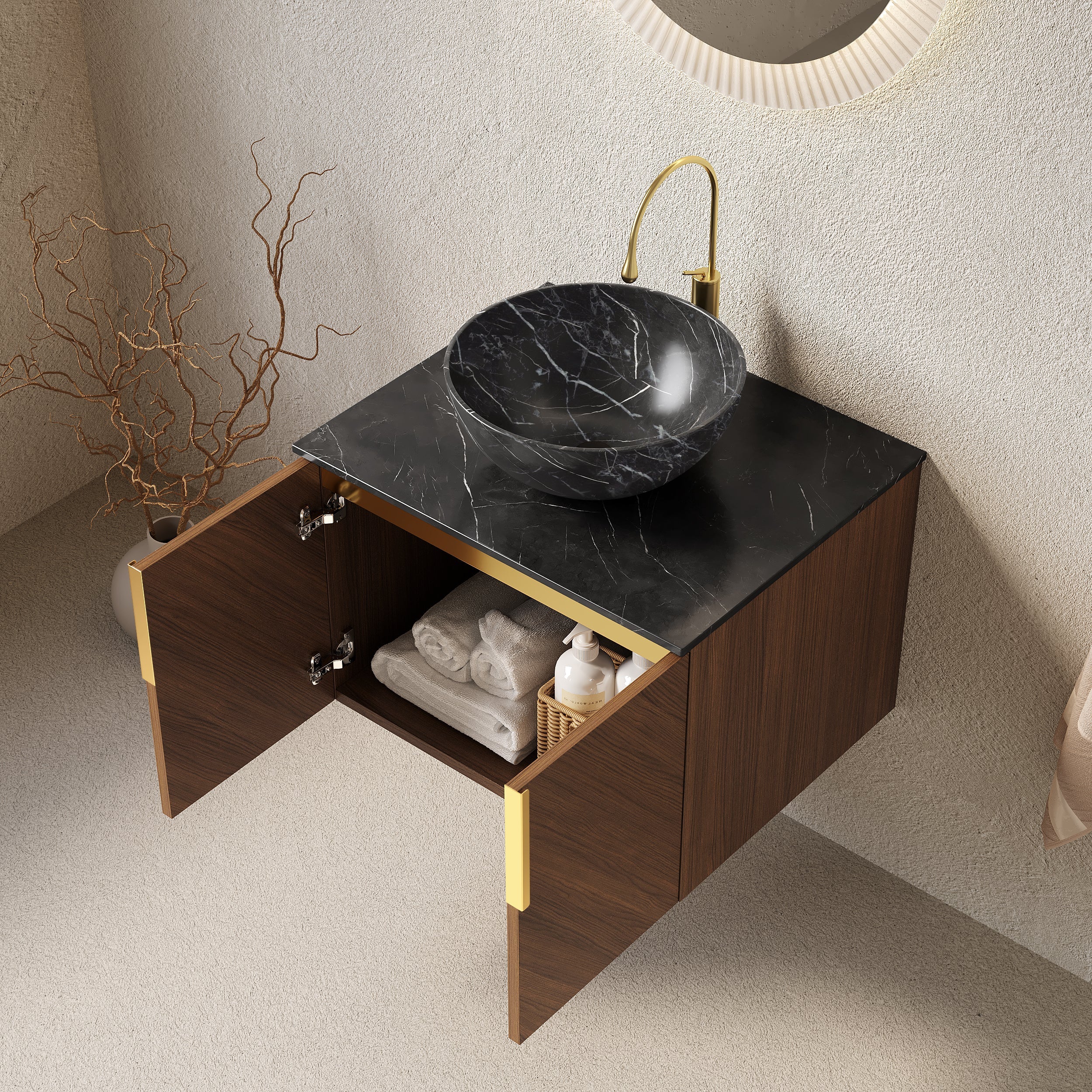 Logidon 61cm Wall Mounted Bathroom Furniture Black Ceramic Basin Stone Pattern