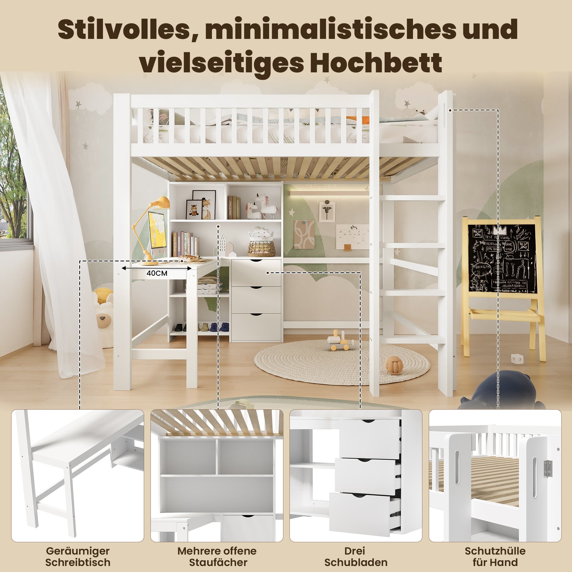 Logidon hoogslaper 140x200 cm met bureau en opbergruimte wit