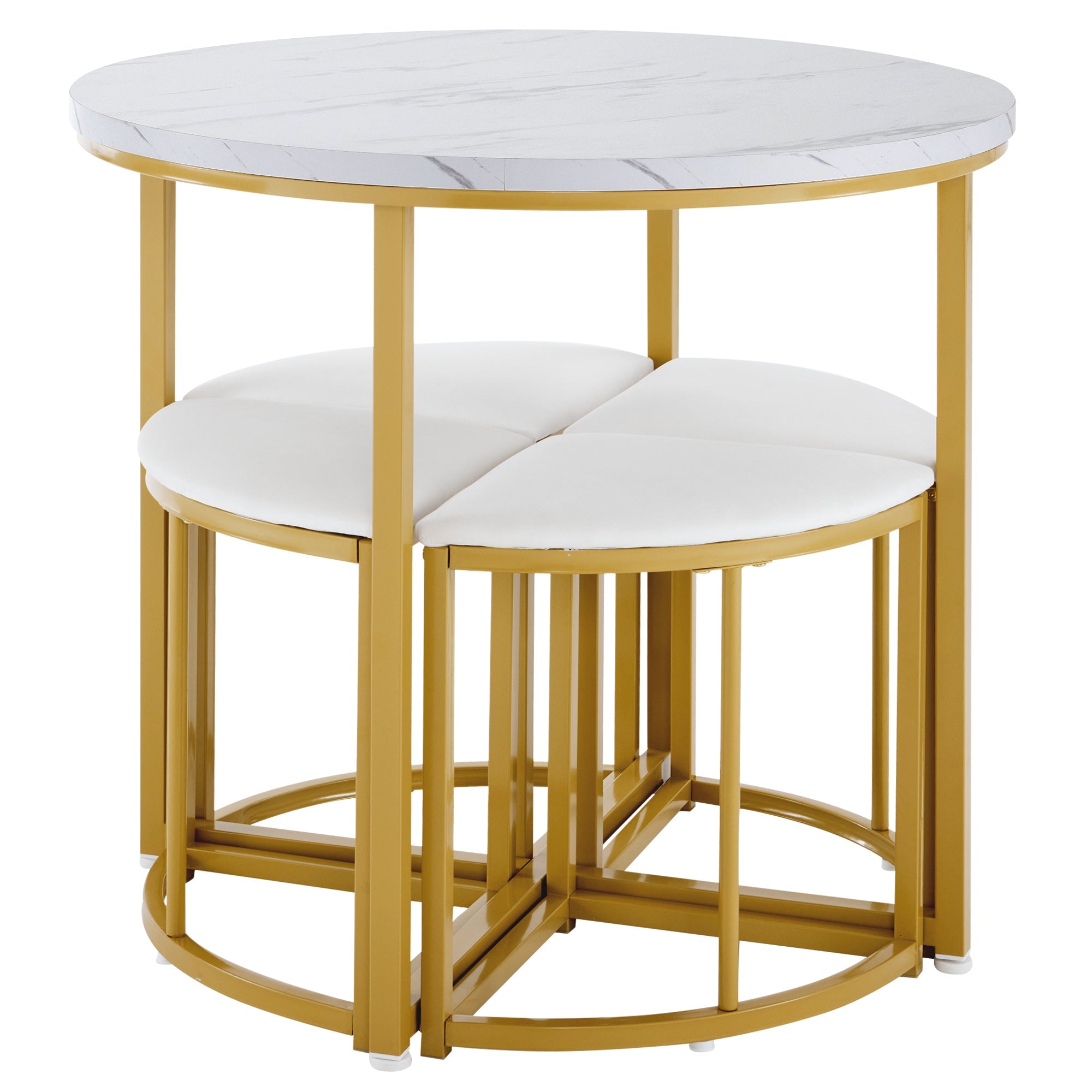 Logidon eetkamerset ronde tafel wit marmerlook goud frame 4 stoelen