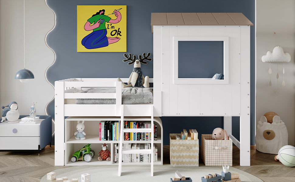 Logidon kinderbed halfhoogslaper met dakraam 90x200 wit naturel
