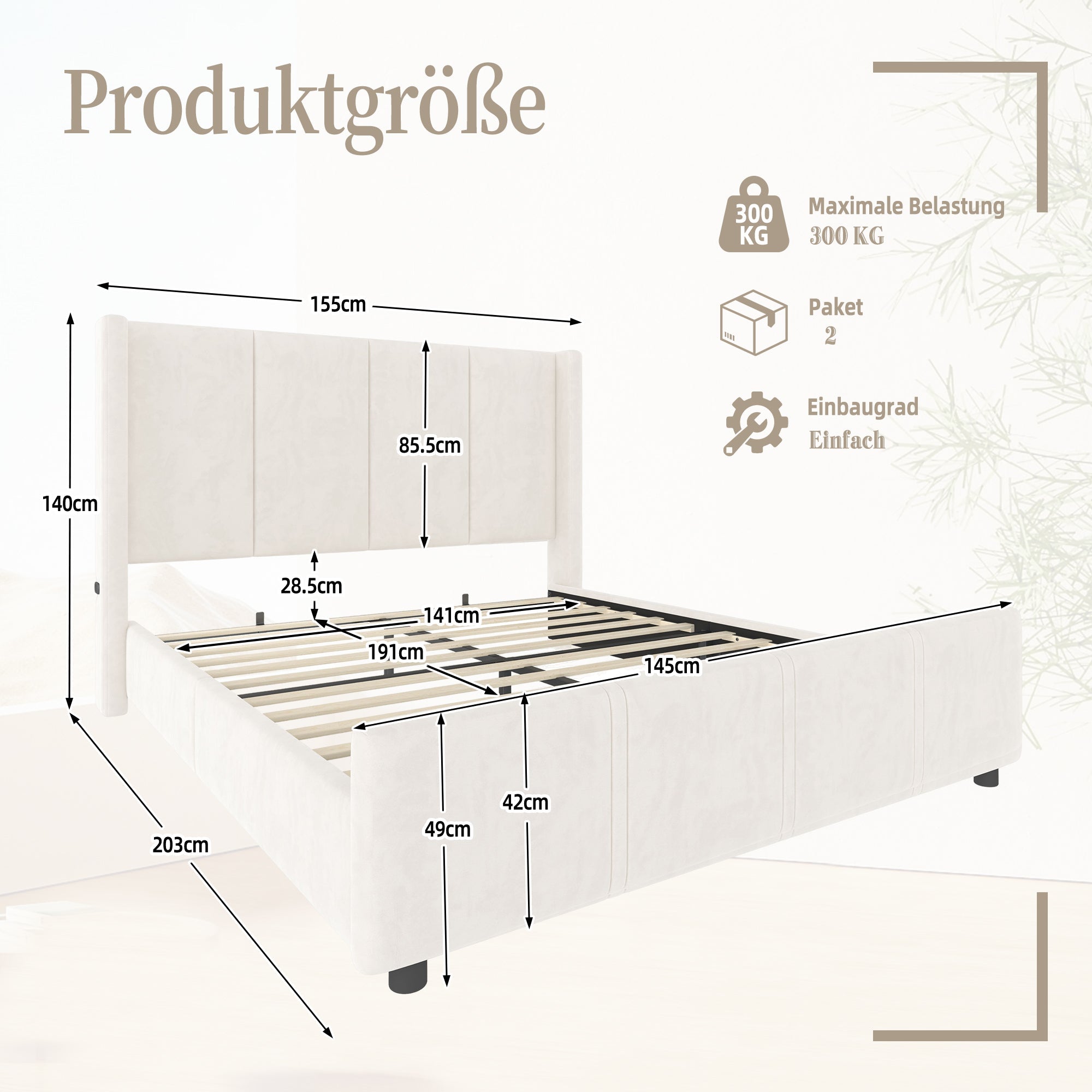Logidon stoffen bedframe 140x190 beige velours USB-aansluiting