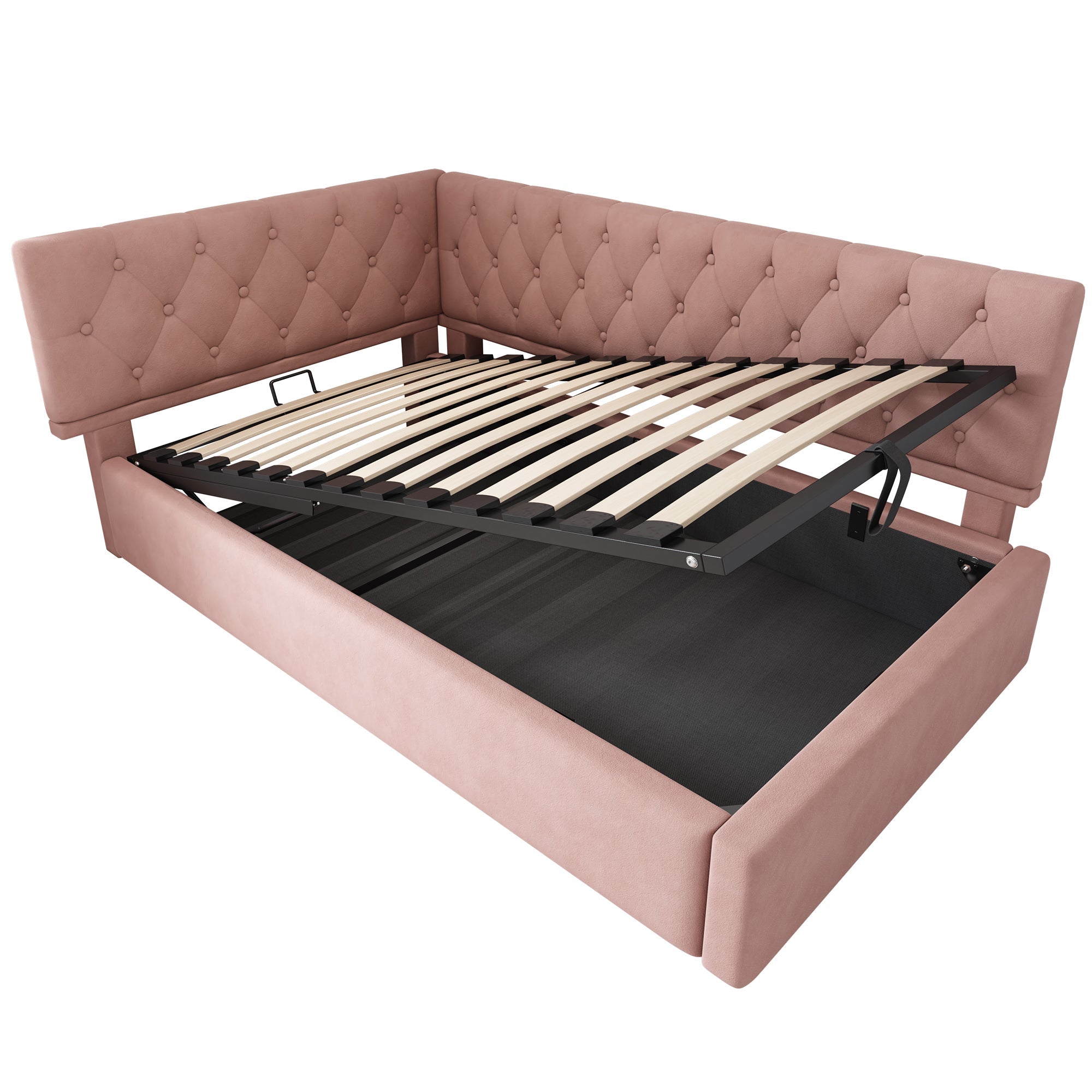 Logidon slaapbank 90x190 roze fluweel met hydraulische opbergruimte