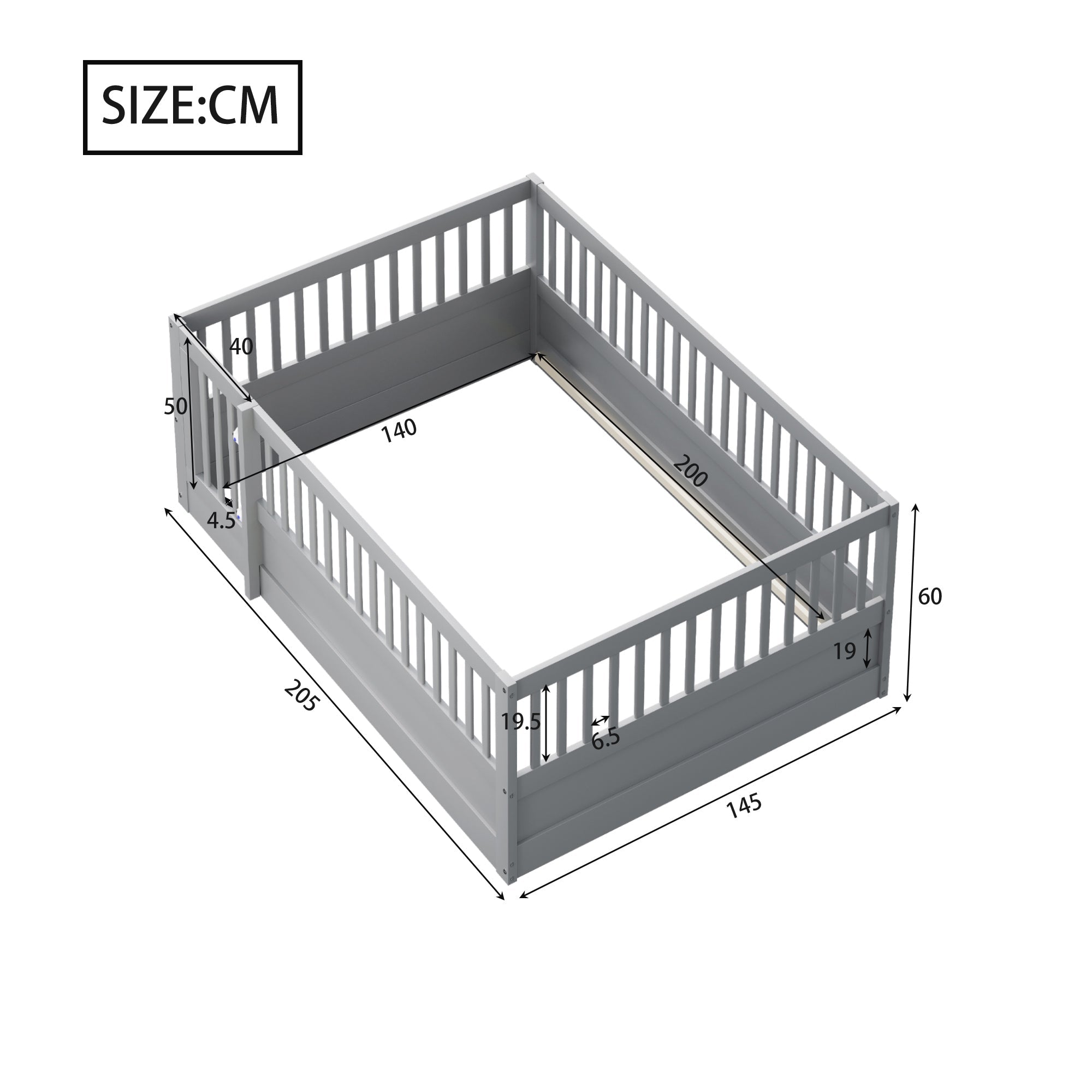 Logidon kinderbed 140x200cm grijs houten bedframe met rooster