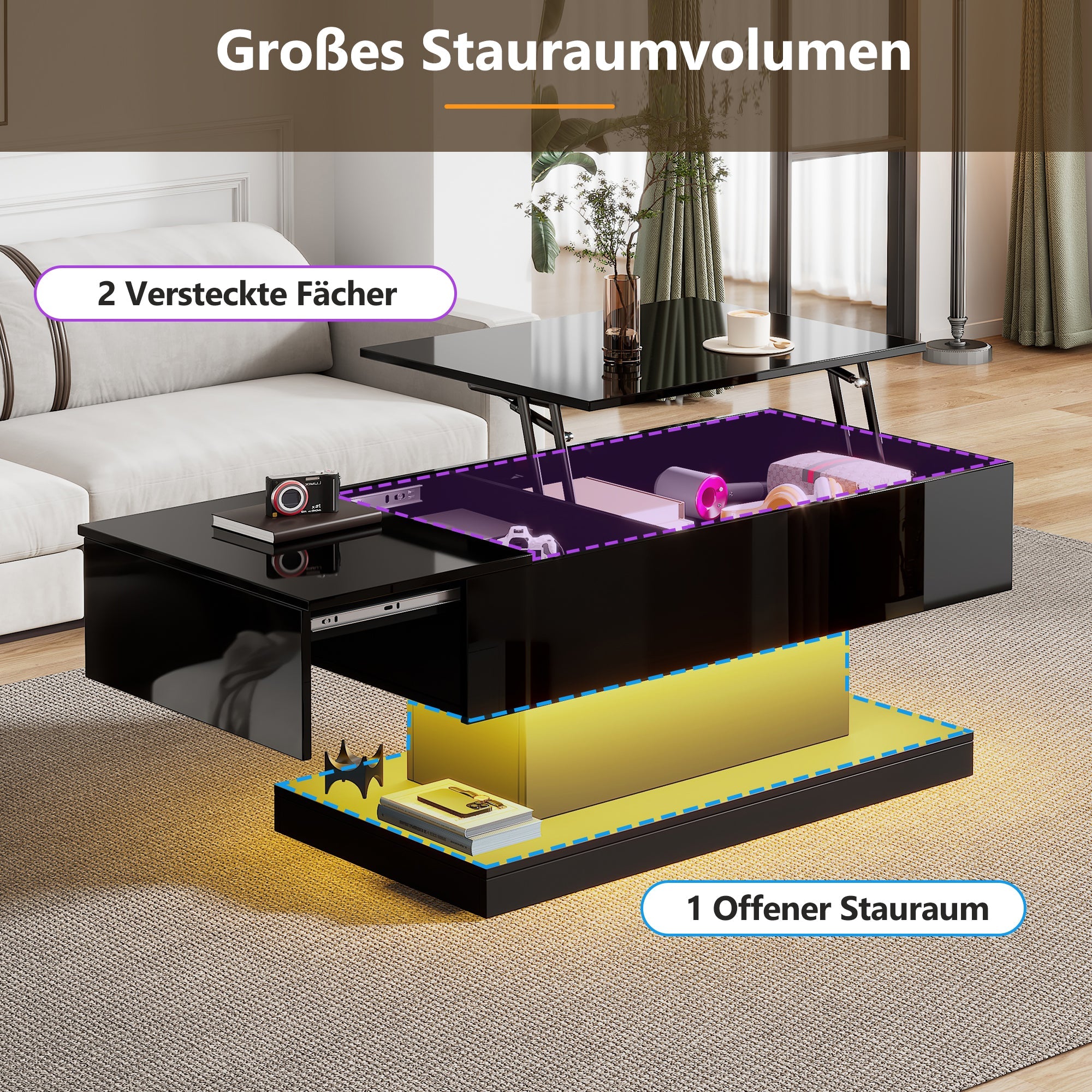Logidon hoogglans liftsalontafel zwart 100x50x45 cm LED-verlichting