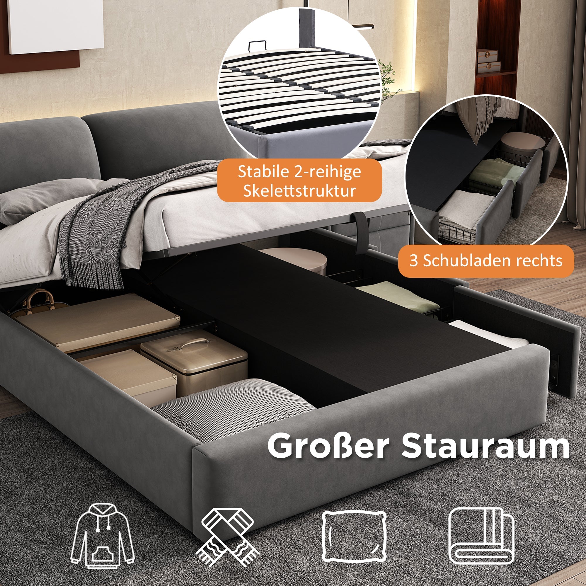 Logidon gestoffeerd bed 140x200 grijs fluweel hydraulisch met drie lades hoofdeinde