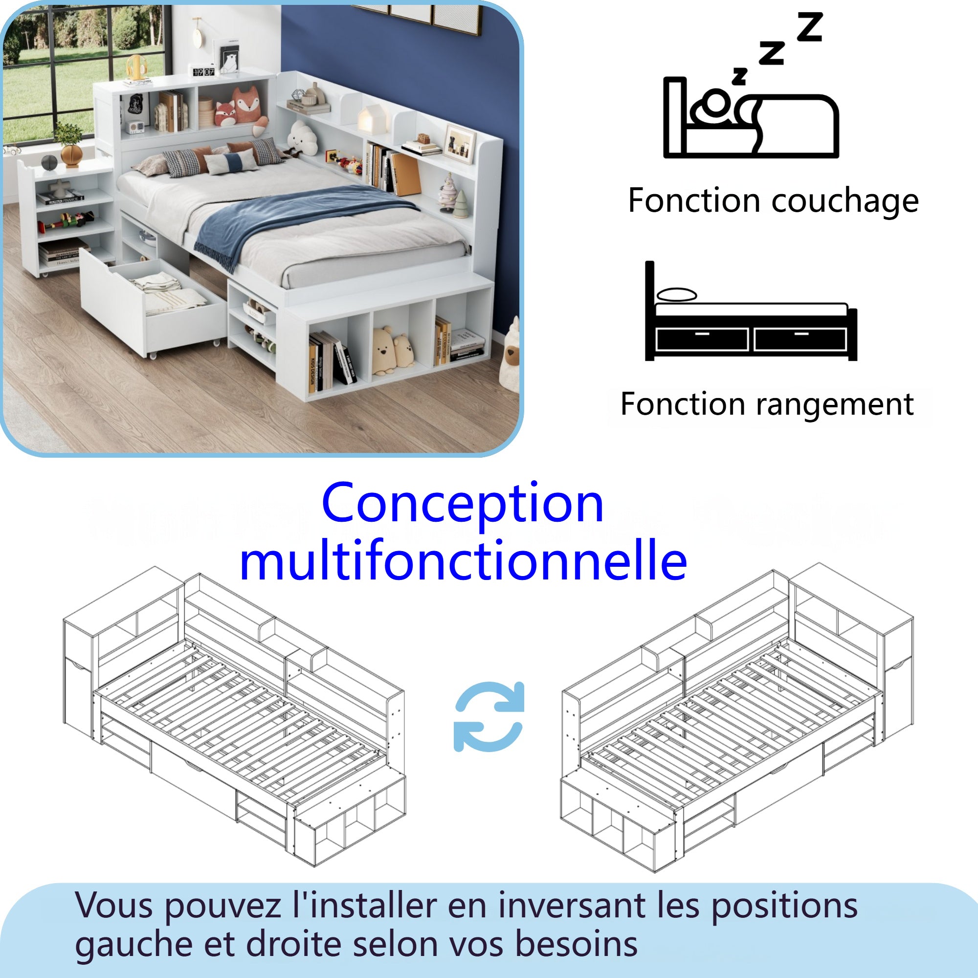 Logidon 90x190 kinderbed wit multifunctioneel bed met opbergruimte