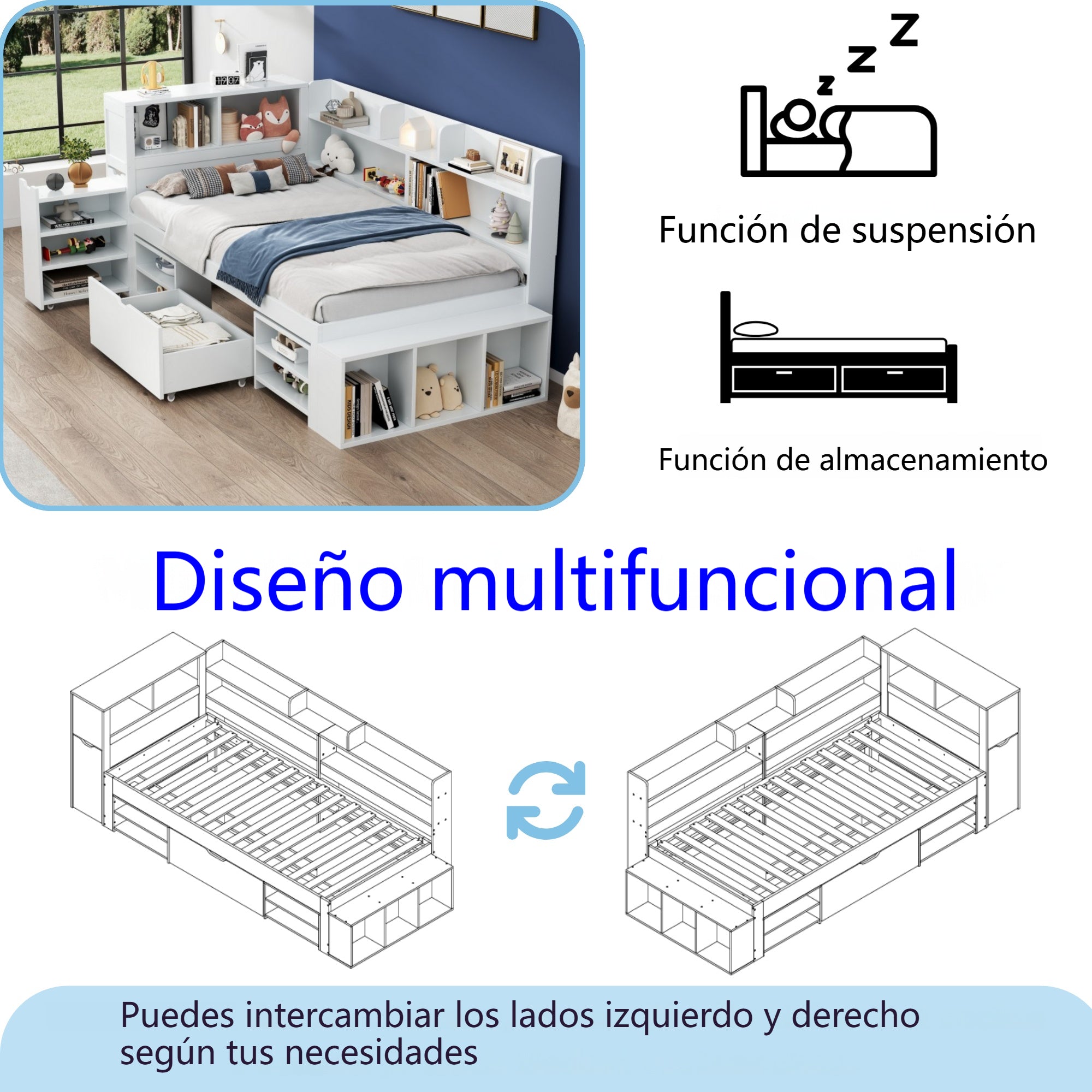 Logidon 90x190 kinderbed wit multifunctioneel bed met opbergruimte
