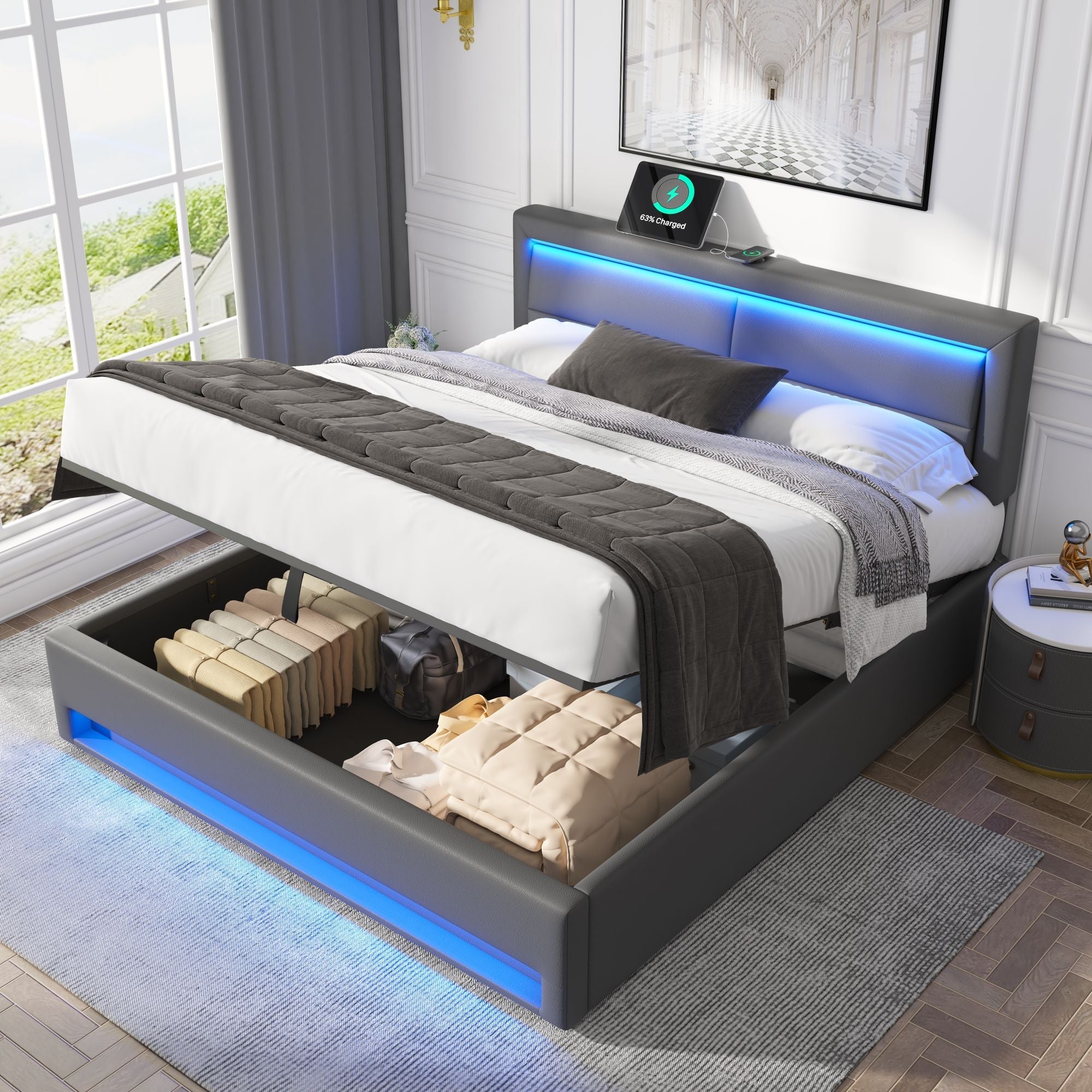 Logidon upholstered bed 140x200 gray with USB charging port LED storage space