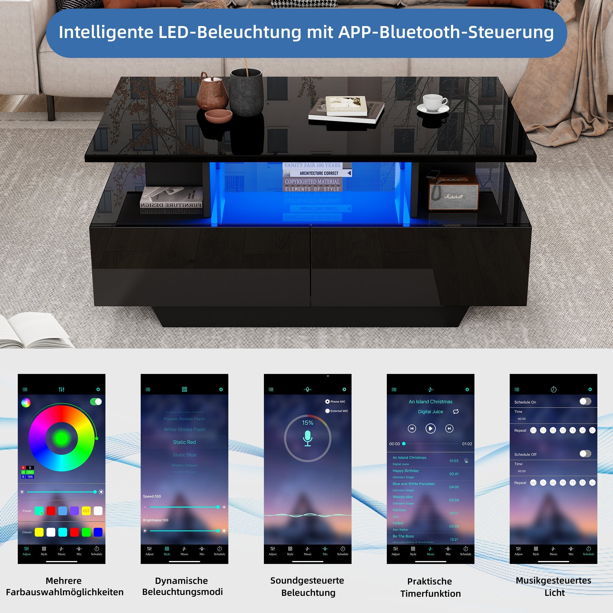 Logidon LED-verlichting salontafel met 2 lades 90x55x41 cm