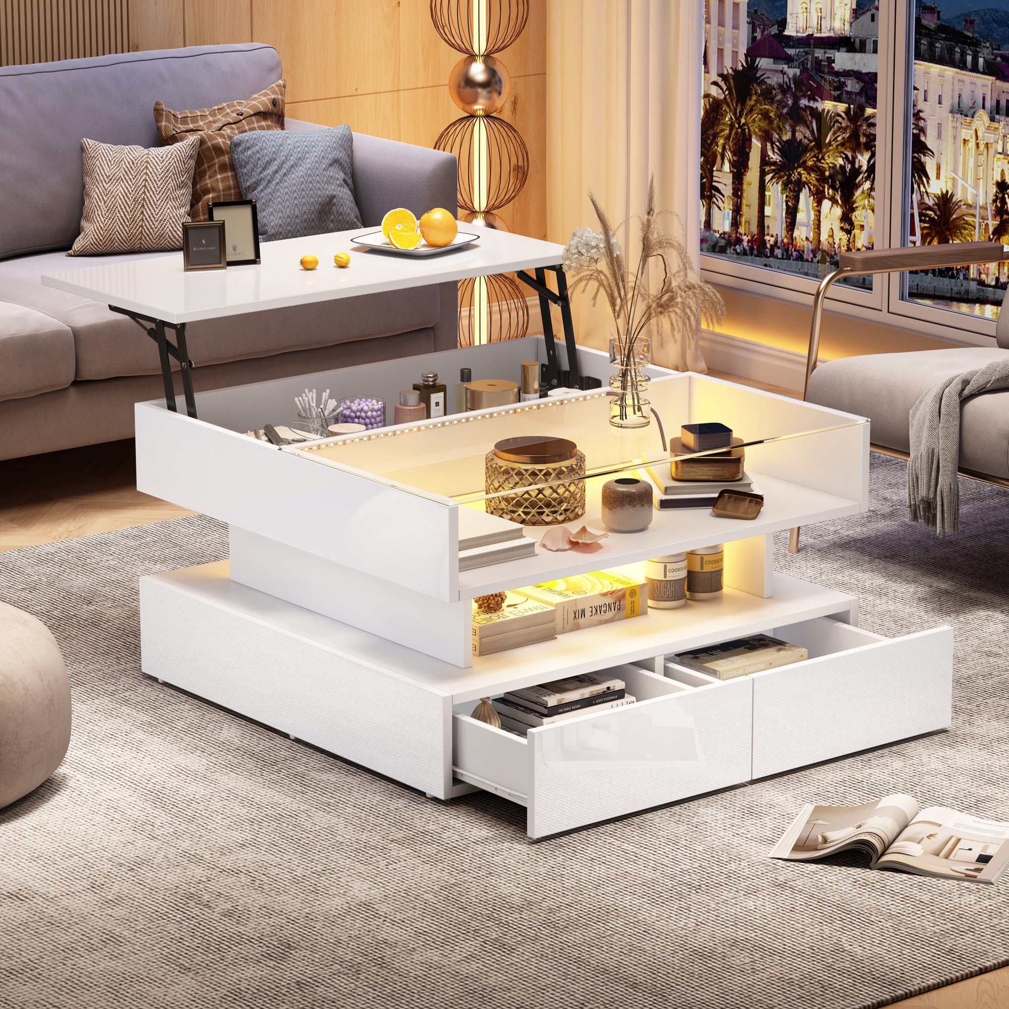Logidon In hoogte verstelbare salontafel 80x80 cm witte LED opbergruimte