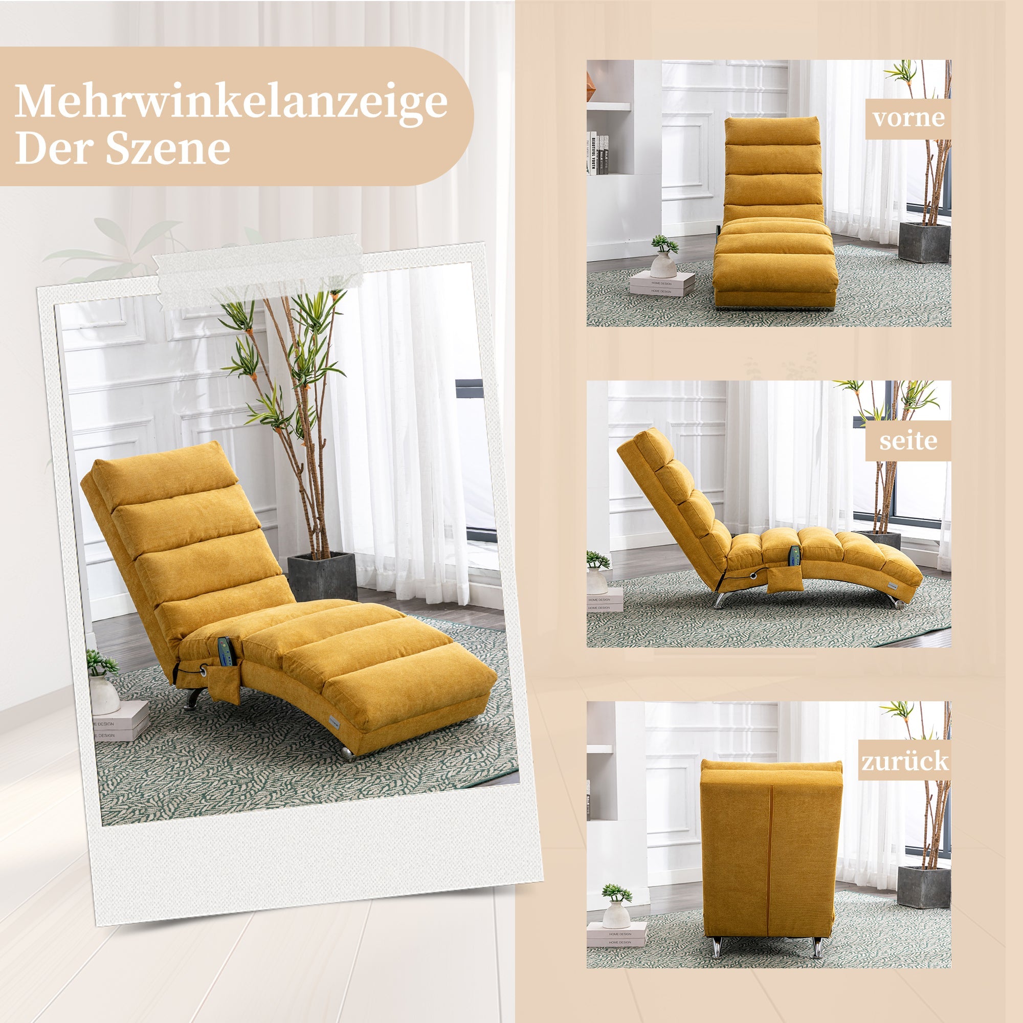 Logidon Linnen Massage Chaise Longue Met Afstandsbediening Mosterdgeel