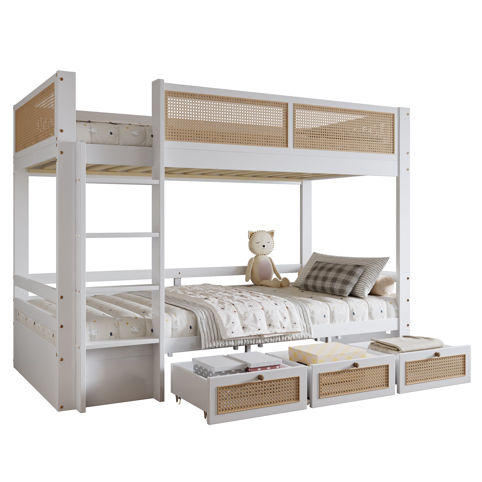 Logidon stapelbed 90x200 cm wit met rotan hekwerk drie lades