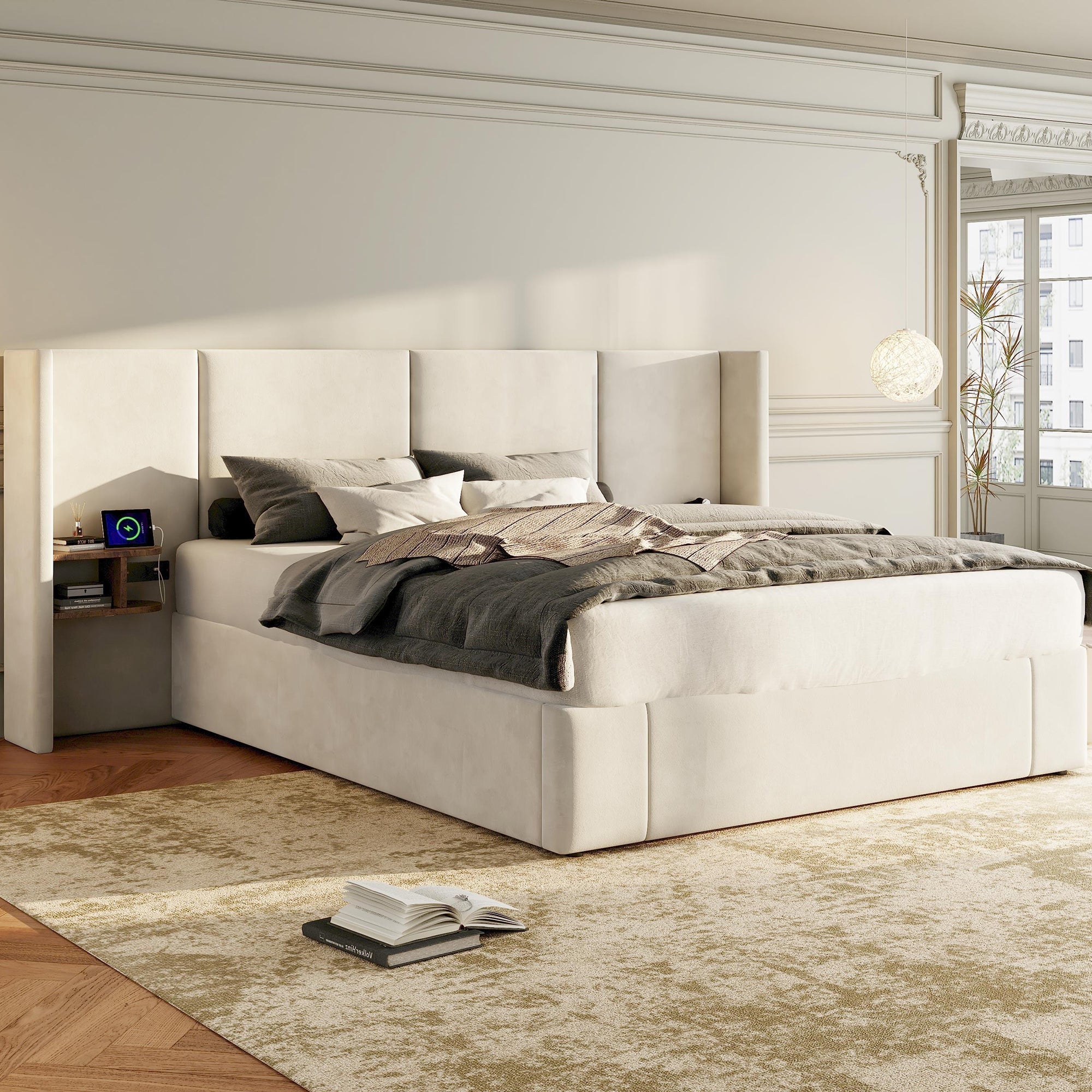 Logidon gestoffeerd bed 160x200 beige fluweel met USB-aansluitingen opbergruimte